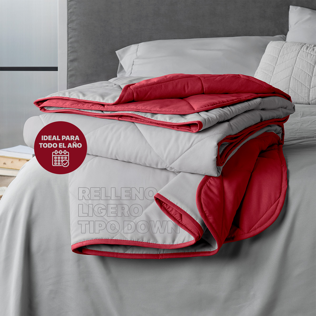Foto 2 | Colcha Edredón Ligero Real Textil, Individual Gris-rojo Reversible