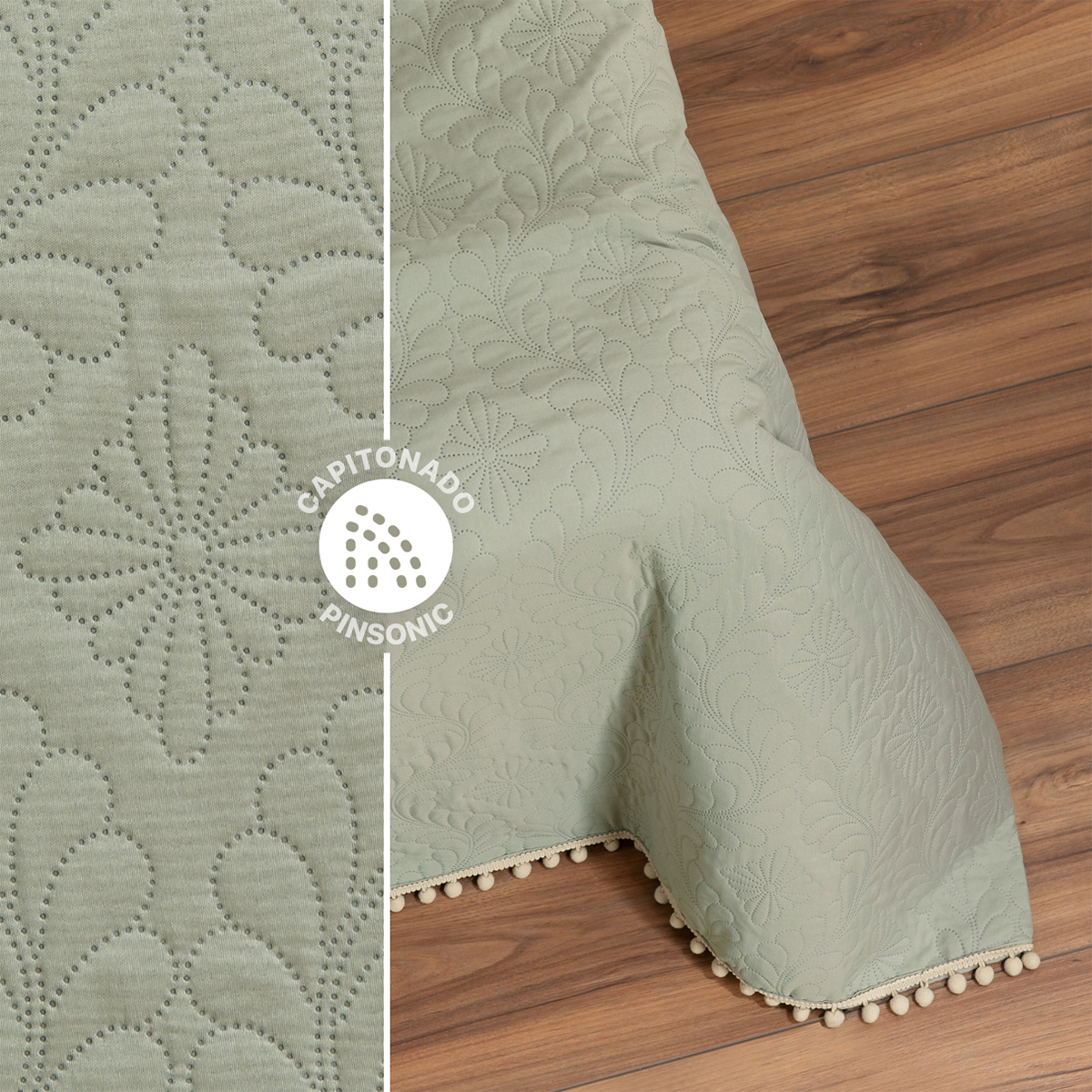 Foto 6 pulgar | Edredón Ligero Real Textil King Size Verde Claro y Beige con Pompones