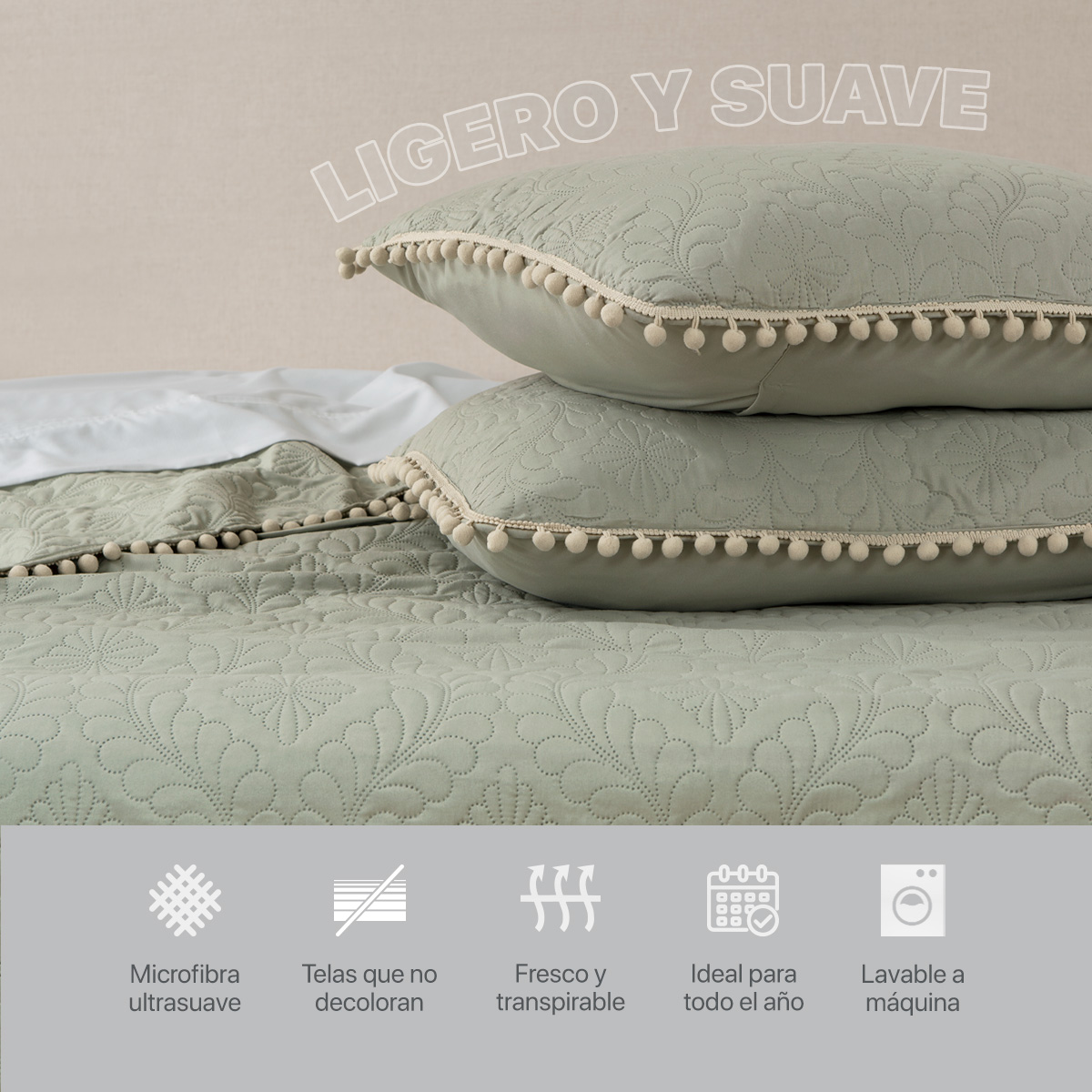Foto 6 | Edredón Ligero Real Textil Matrimonial Verde Claro y Beige con Pompones