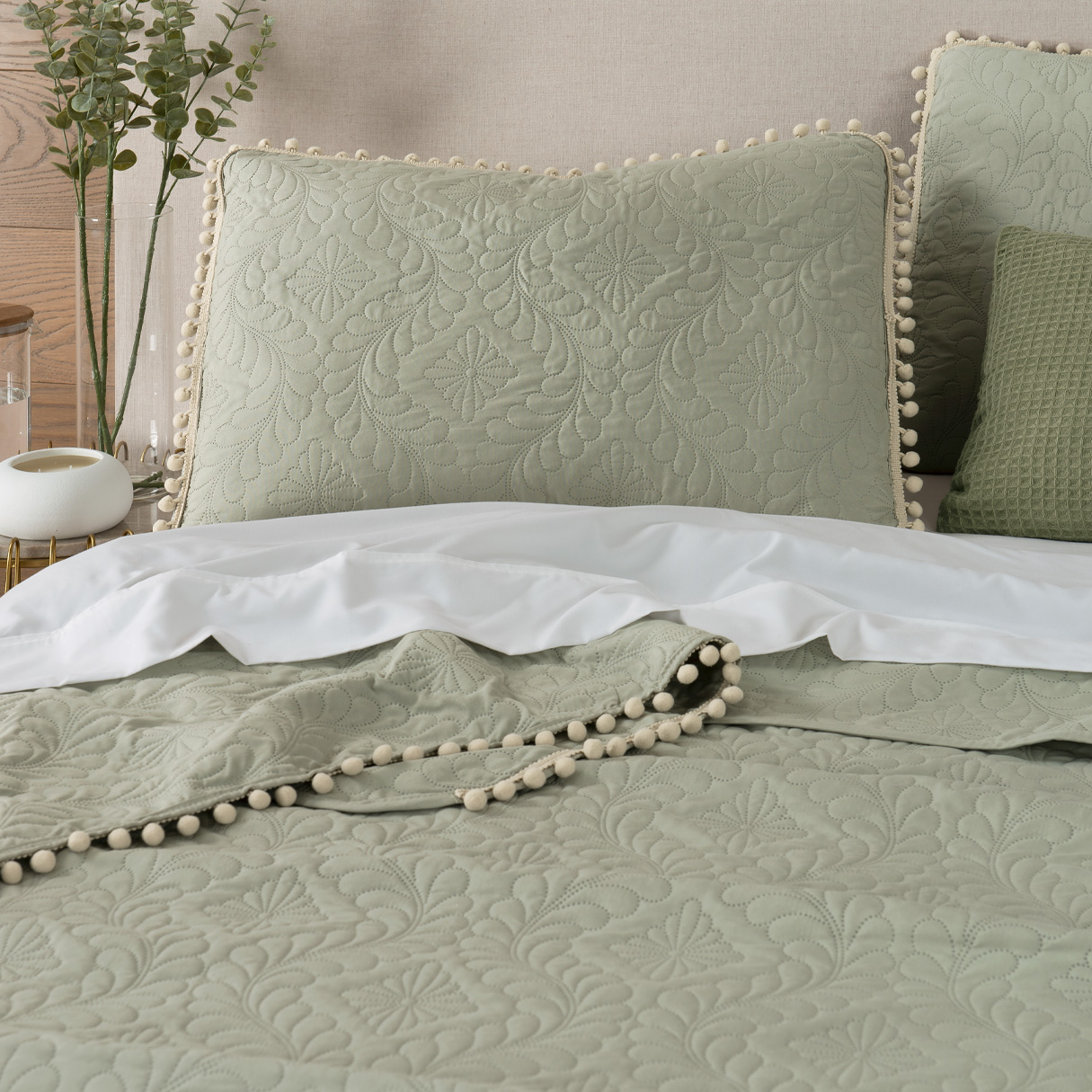Foto 7 | Edredón Ligero Real Textil Matrimonial Verde Claro y Beige con Pompones