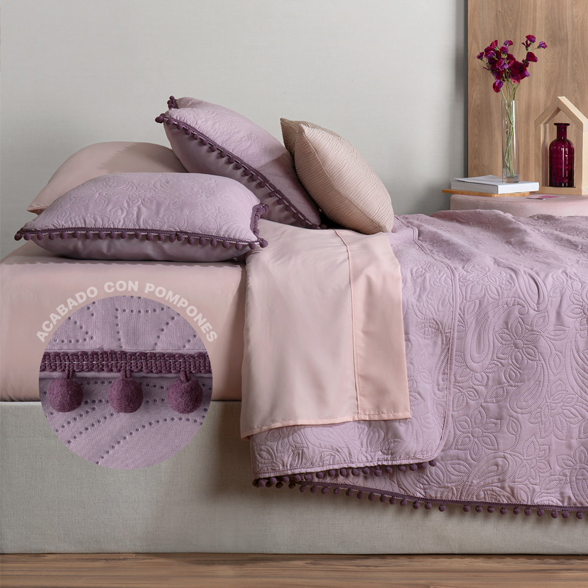 Foto 4 pulgar | Edredón Ligero Real Textil  King Size Lavanda y Morado con Pompones