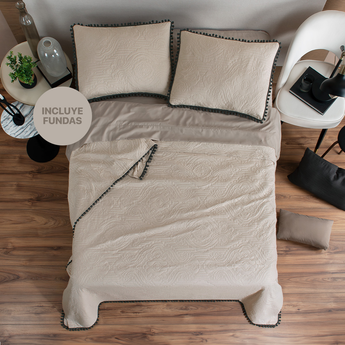 Foto 2 | Edredón Ligero Real Textil King Size Beige y Negro con Pompones