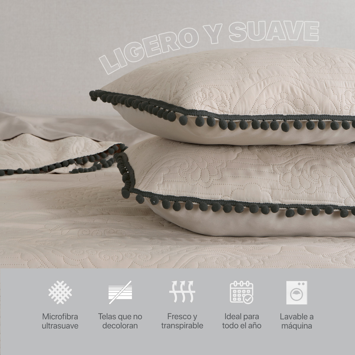 Foto 6 | Edredón Ligero Real Textil King Size Beige y Negro con Pompones
