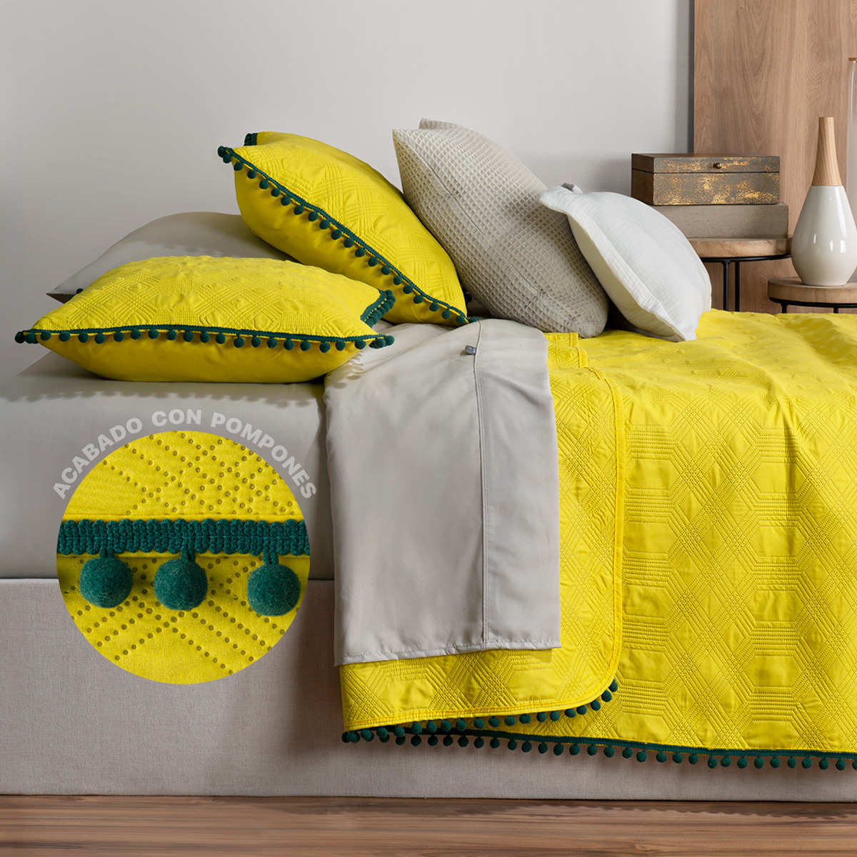 Foto 3 | Edredón Ligero Real Textil King Size Limón y Verde Oscuro con Pompones