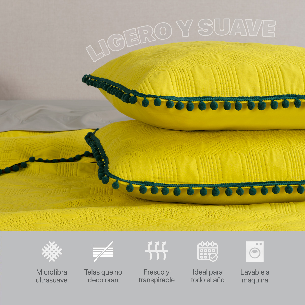 Foto 6 | Edredón Ligero Real Textil King Size Limón y Verde Oscuro con Pompones