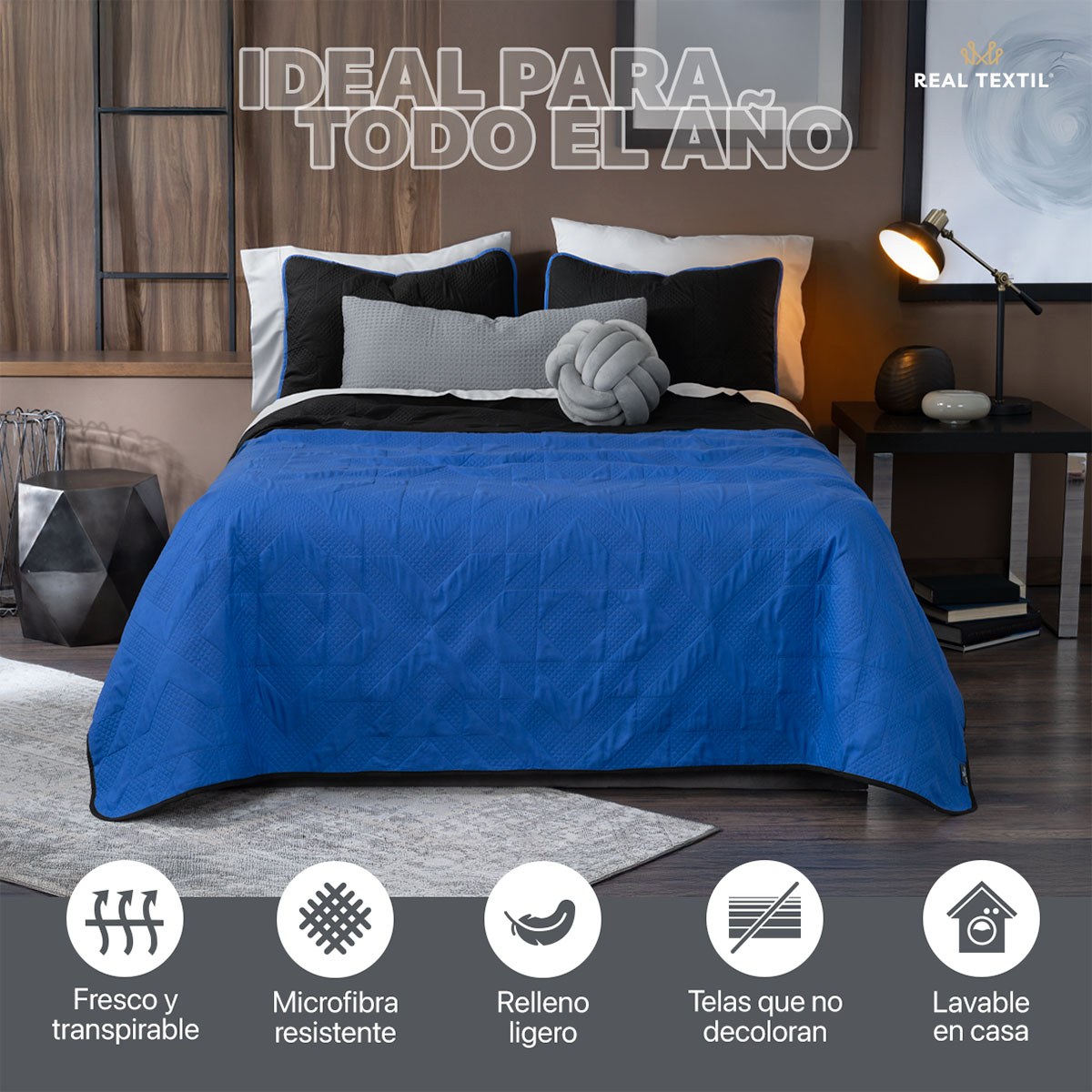Foto 5 pulgar | Edredón Ligero King Size Con Fundas De Almohada Real Textil Pinsonic Doble Vista Azul Rey - Negro