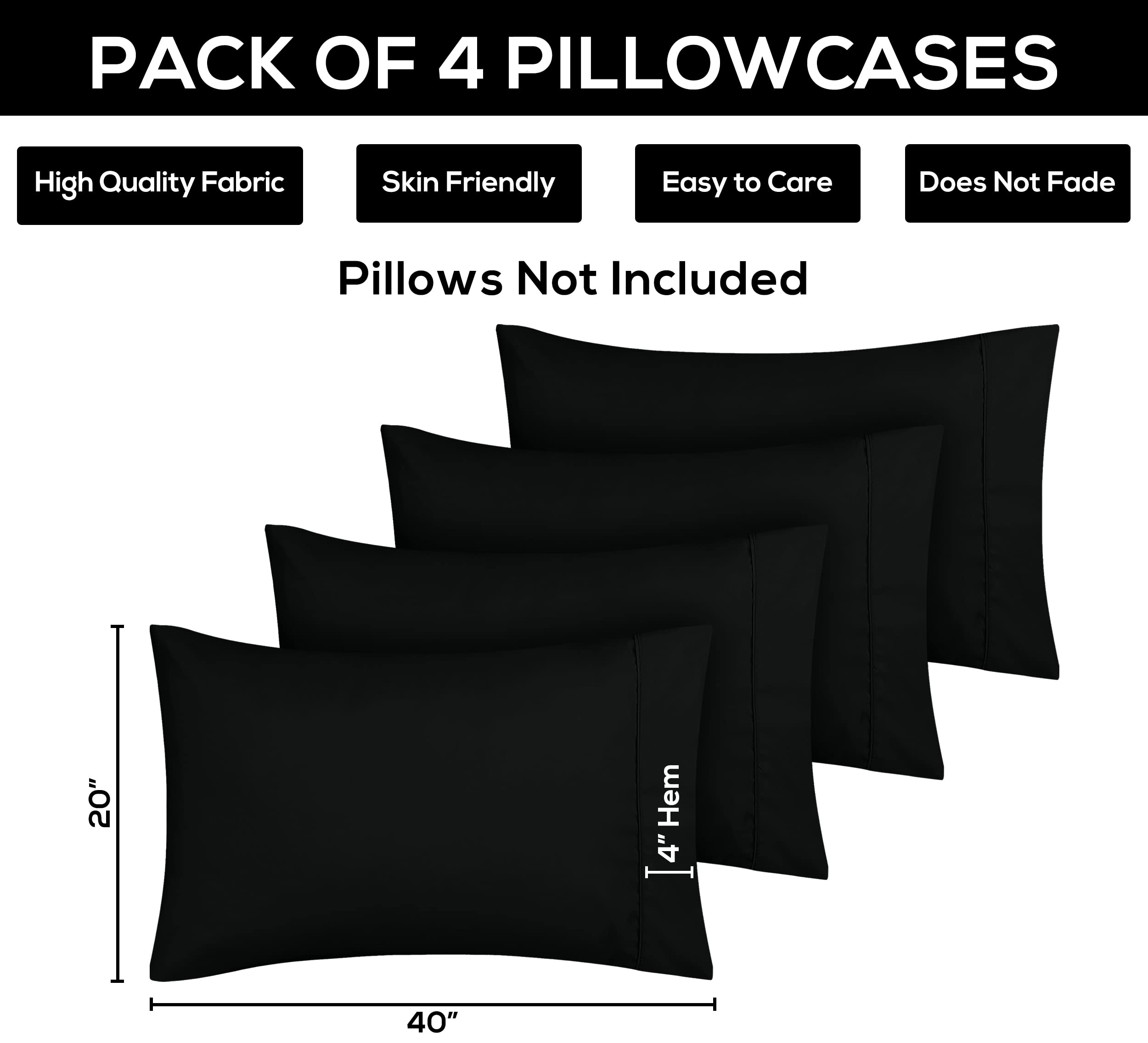 Foto 3 | Funda De Almohada Utopia Bedding Tamaño King, 20 X 40 Cm, Paquete De 4 Unidades, Color Negro - Venta Internacional.