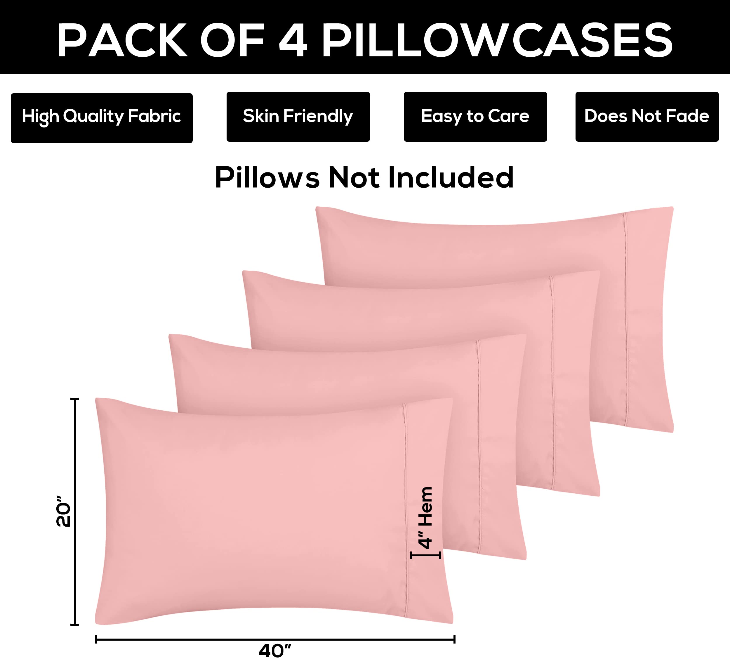 Foto 4 pulgar | Fundas De Almohada Utopia Bedding Tamaño King, 20 X 40 Cm, Paquete De 4 Unidades, Color Rosa - Venta Internacional.
