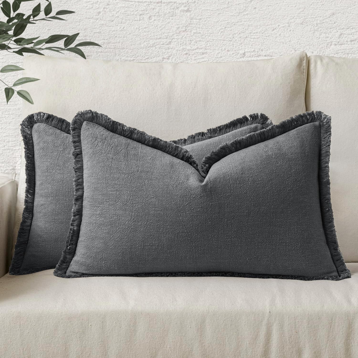 Fundas De Almohada Miulee Decorativas De Lino Con Flecos, Gris Oscuro, 30 X 50 Cm - Venta Internacional.
