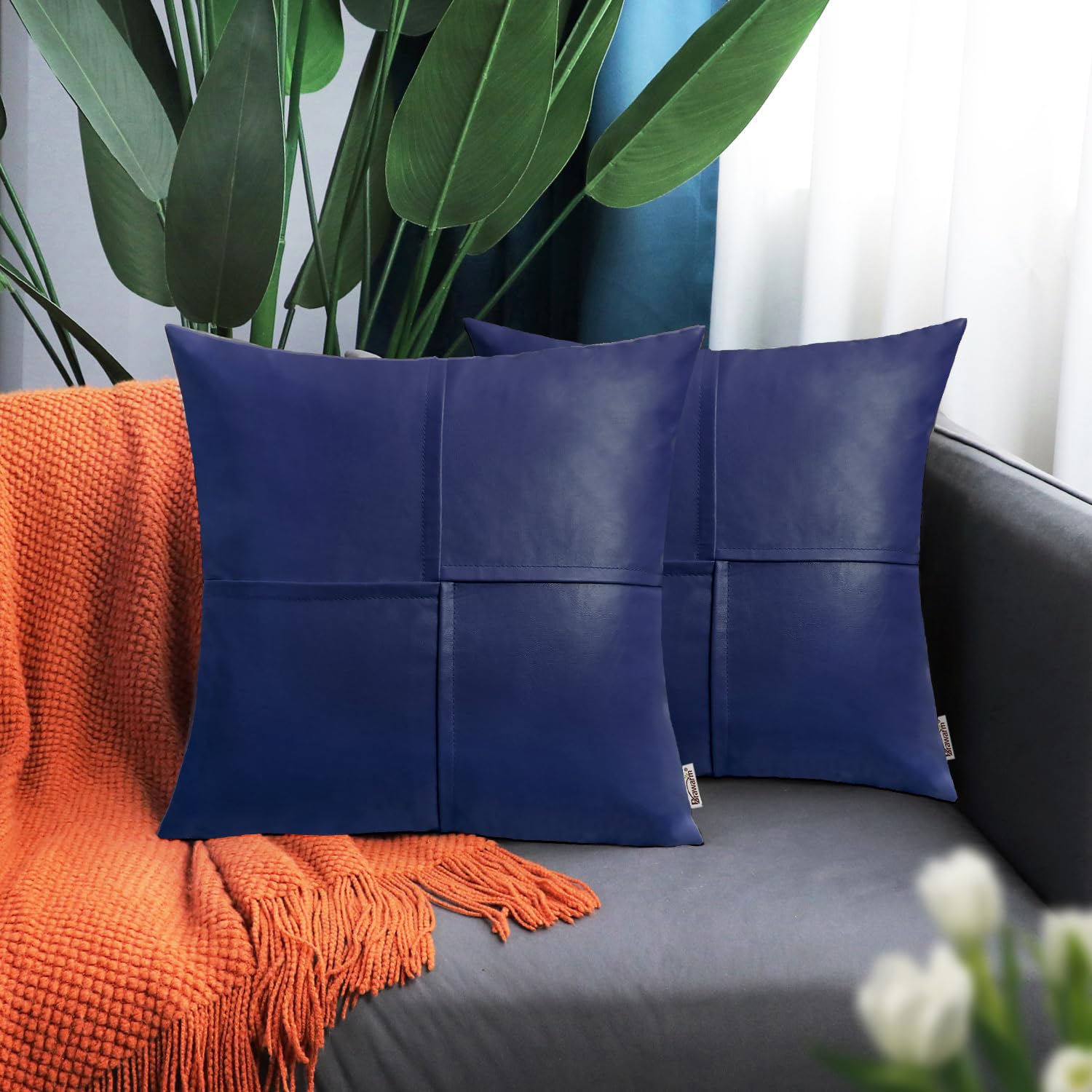 Foto 3 pulgar | Fundas De Cojín Brawarm De Piel Sintética De 55 Cm, Azul Marino, X2 - Venta Internacional.