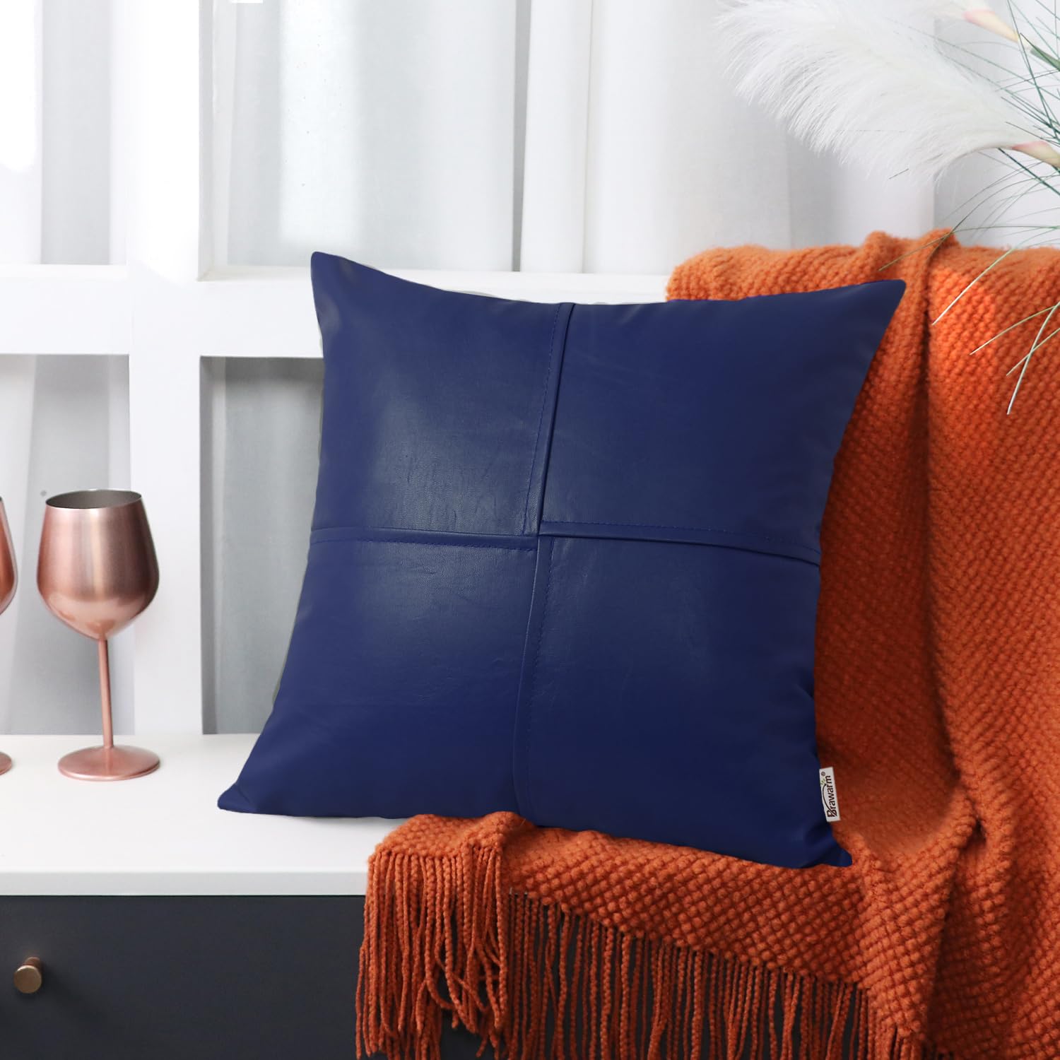 Foto 4 | Fundas De Cojín Brawarm De Piel Sintética De 55 Cm, Azul Marino, X2 - Venta Internacional.