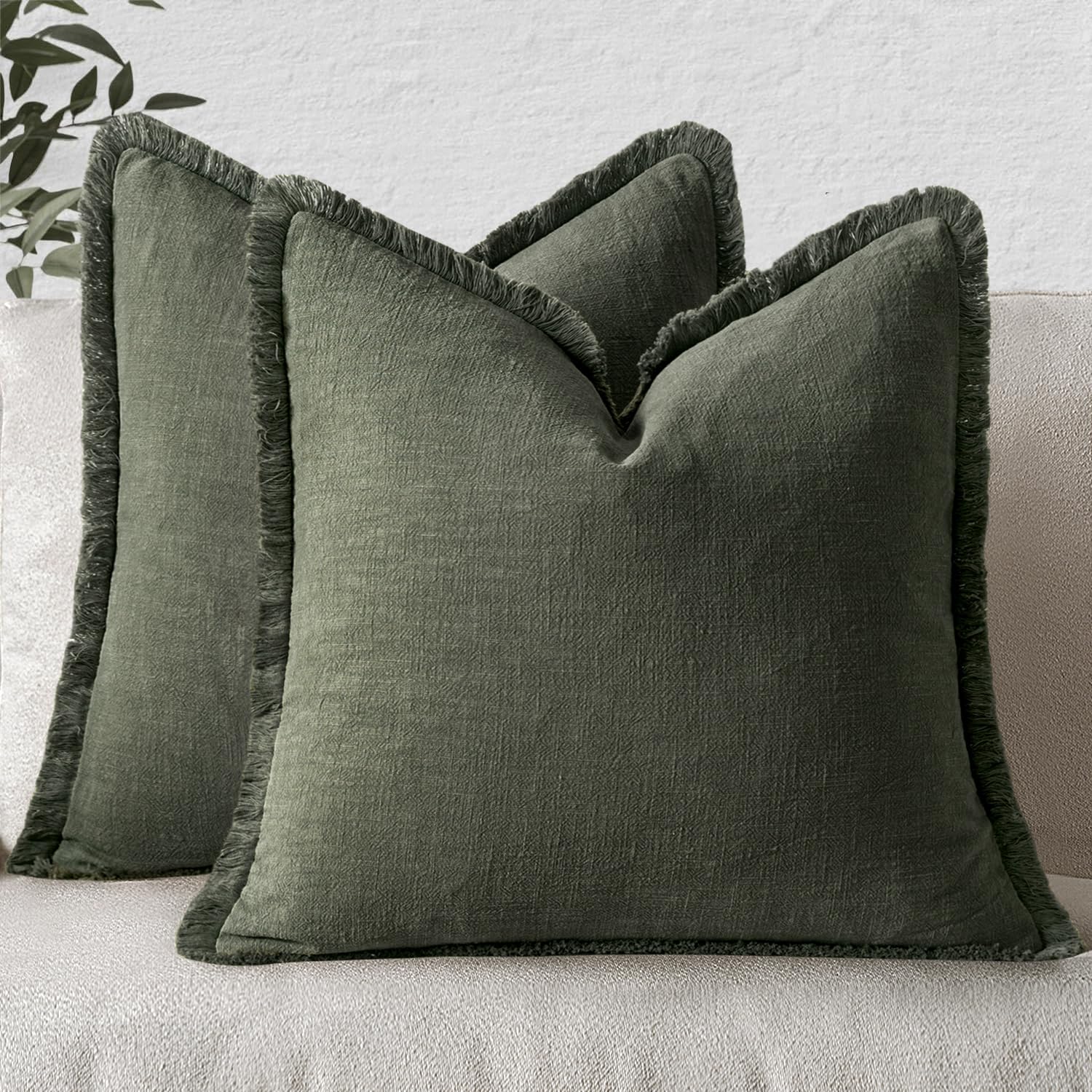 Juego De Fundas De Cojín Miulee Con Flecos De Lino, 2 Unidades, 50 X 50 Cm, Color Verde - Venta Internacional.