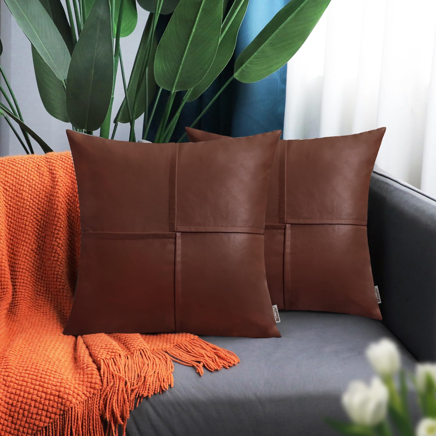 Foto 2 | Fundas De Cojín Brawarm De Piel Sintética De 55 Cm X 55 Cm, Color Marrón, X2 - Venta Internacional.