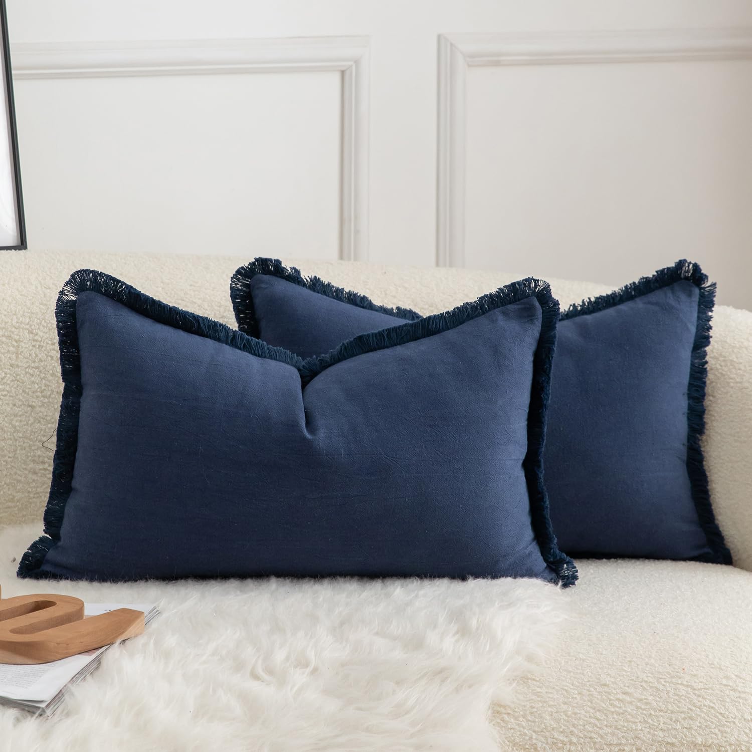 Fundas De Almohada Mandioo De Algodón Neutro Con Flecos De 40 X 60 Cm, Color Azul Marino - Venta Internacional.