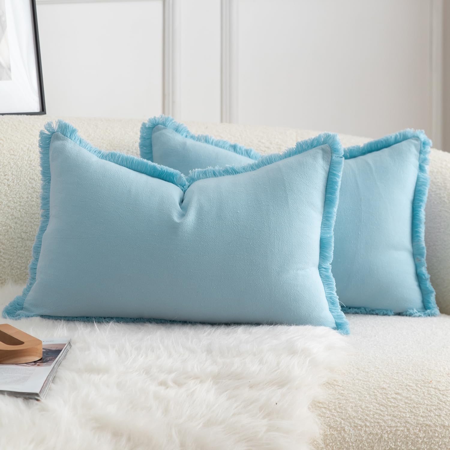 Foto 2 pulgar | Fundas De Almohada Mandioo De Algodón Neutro Con Flecos De 40 X 60 Cm, Color Azul Claro - Venta Internacional.