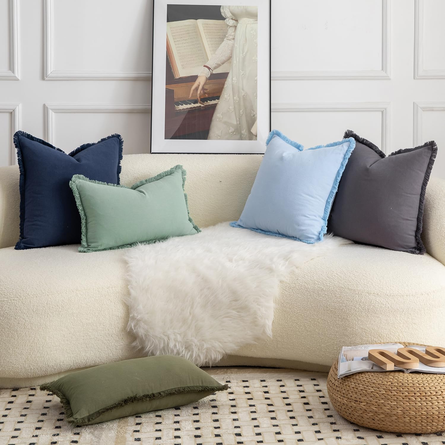 Foto 6 pulgar | Fundas De Almohada Mandioo De Algodón Neutro Con Flecos De 40 X 60 Cm, Color Azul Claro - Venta Internacional.