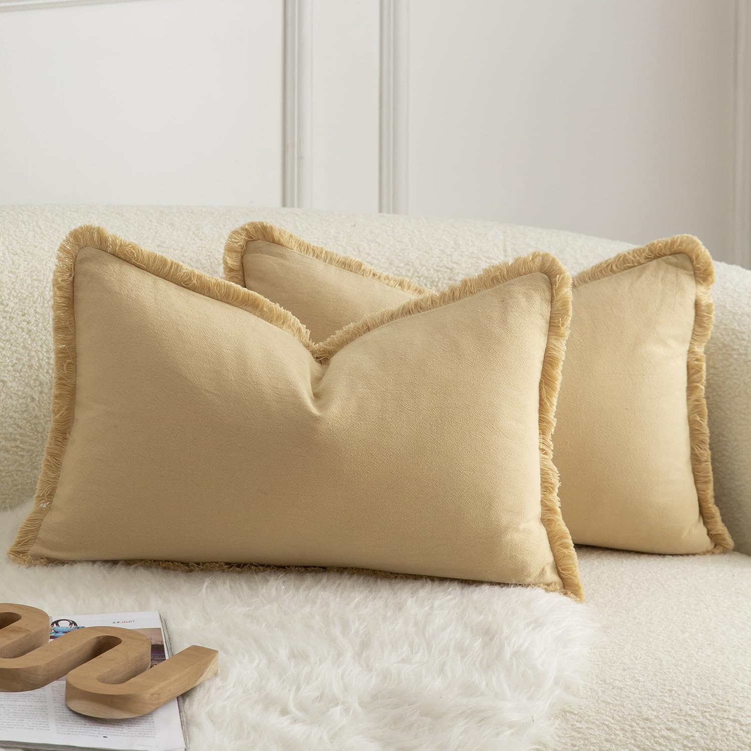 Fundas De Almohada Mandioo De Algodón Neutro Con Flecos De 40 X 60 Cm, Color Caqui (2) - Venta Internacional.