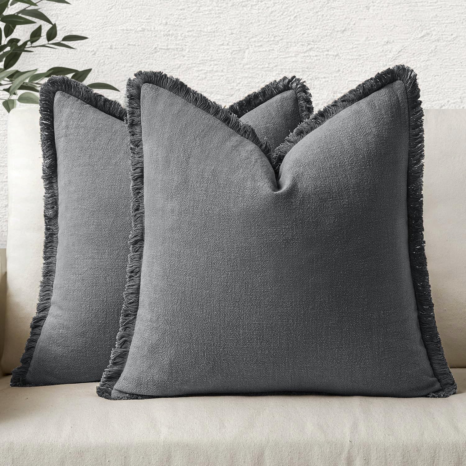 Fundas De Cojín Miulee De Lino Con Flecos, Gris Oscuro, 50 X 50 Cm, 2 Unidades - Venta Internacional.