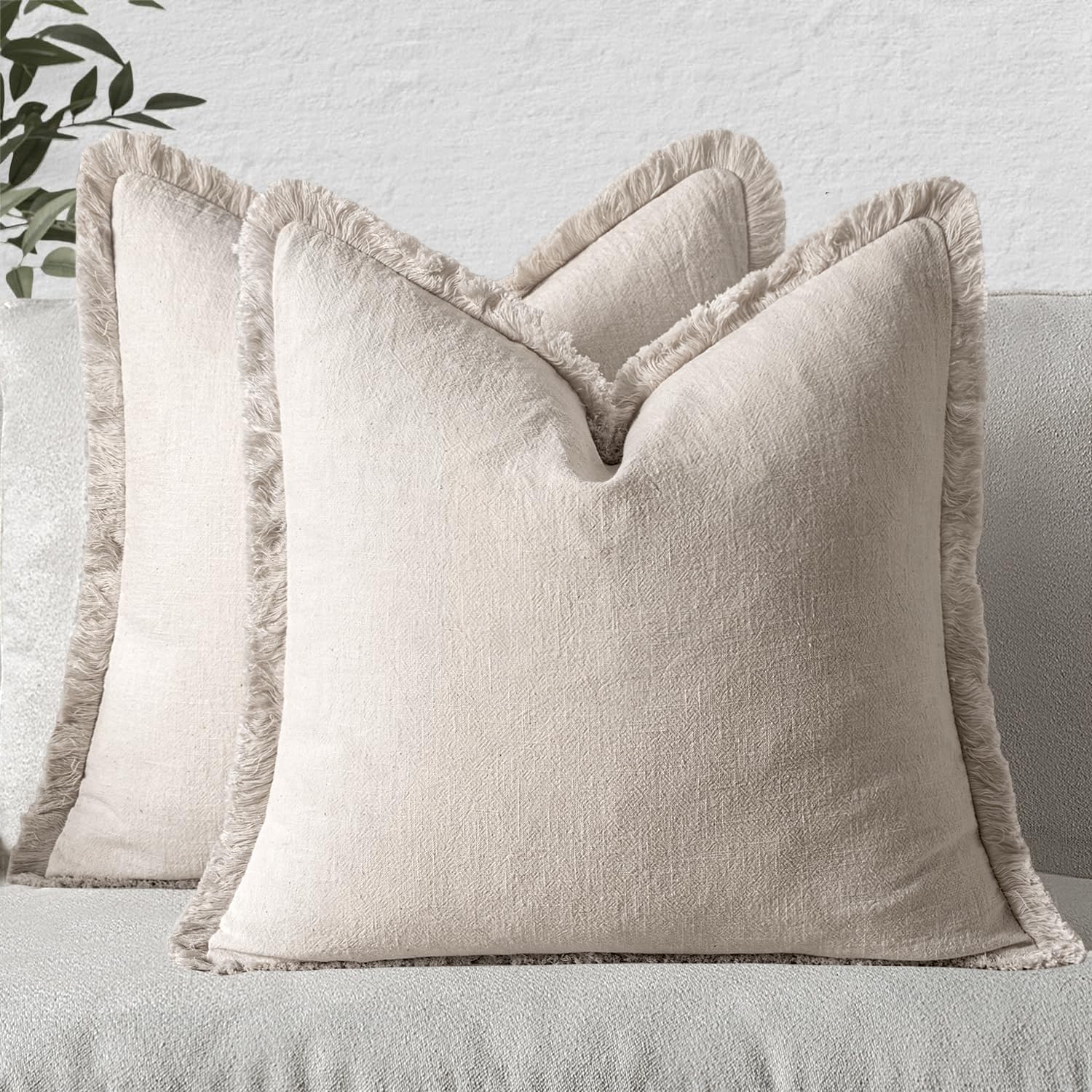 Fundas De Cojín Miulee De Lino Con Flecos, Color Beige Natural, 40 Cm - Venta Internacional.