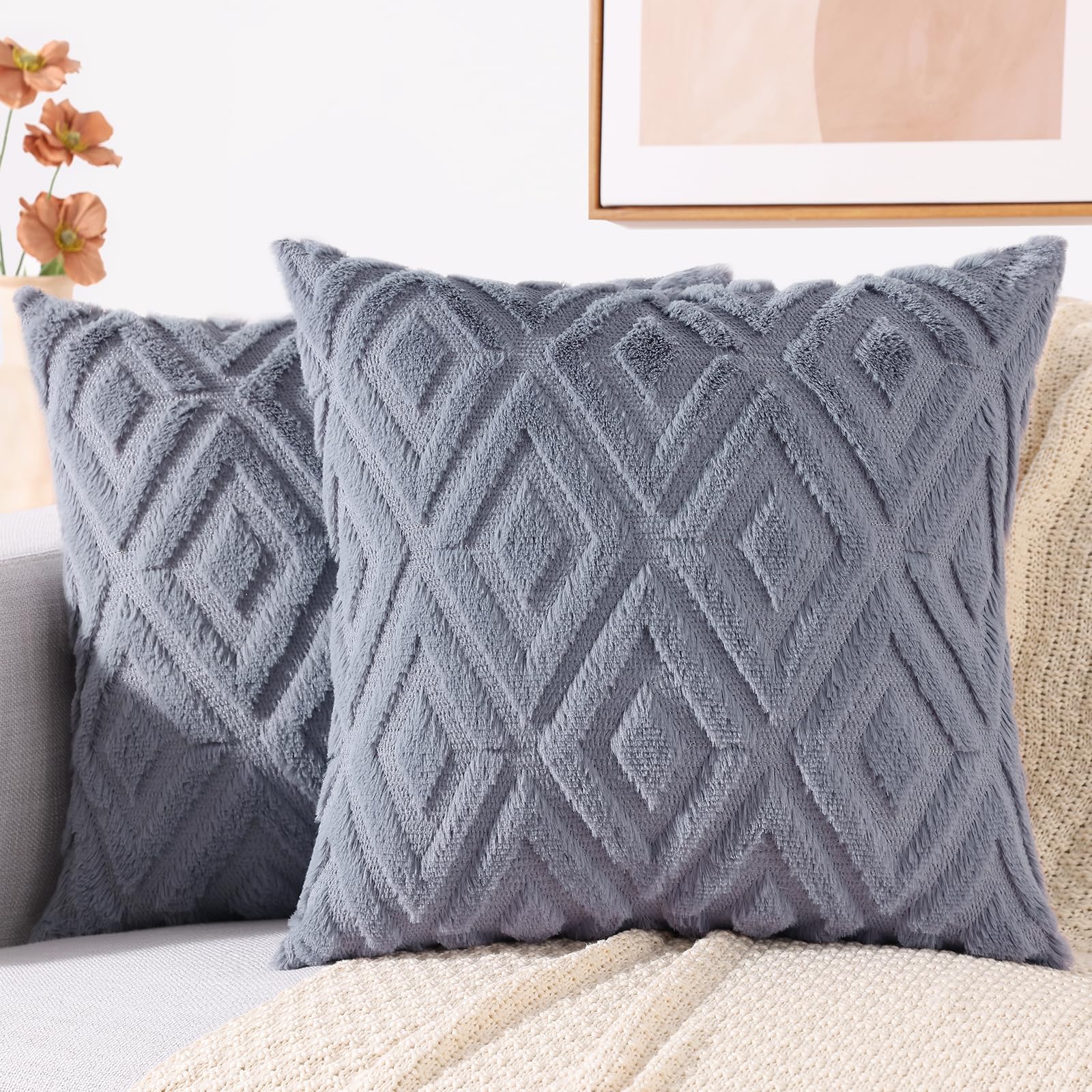 Foto 2 pulgar | Fundas De Almohada Decoruhome, 24 X 24 Cm, Color Azul Y Gris, Juego De 2 Unidades, Lana Sintética - Venta Internacional