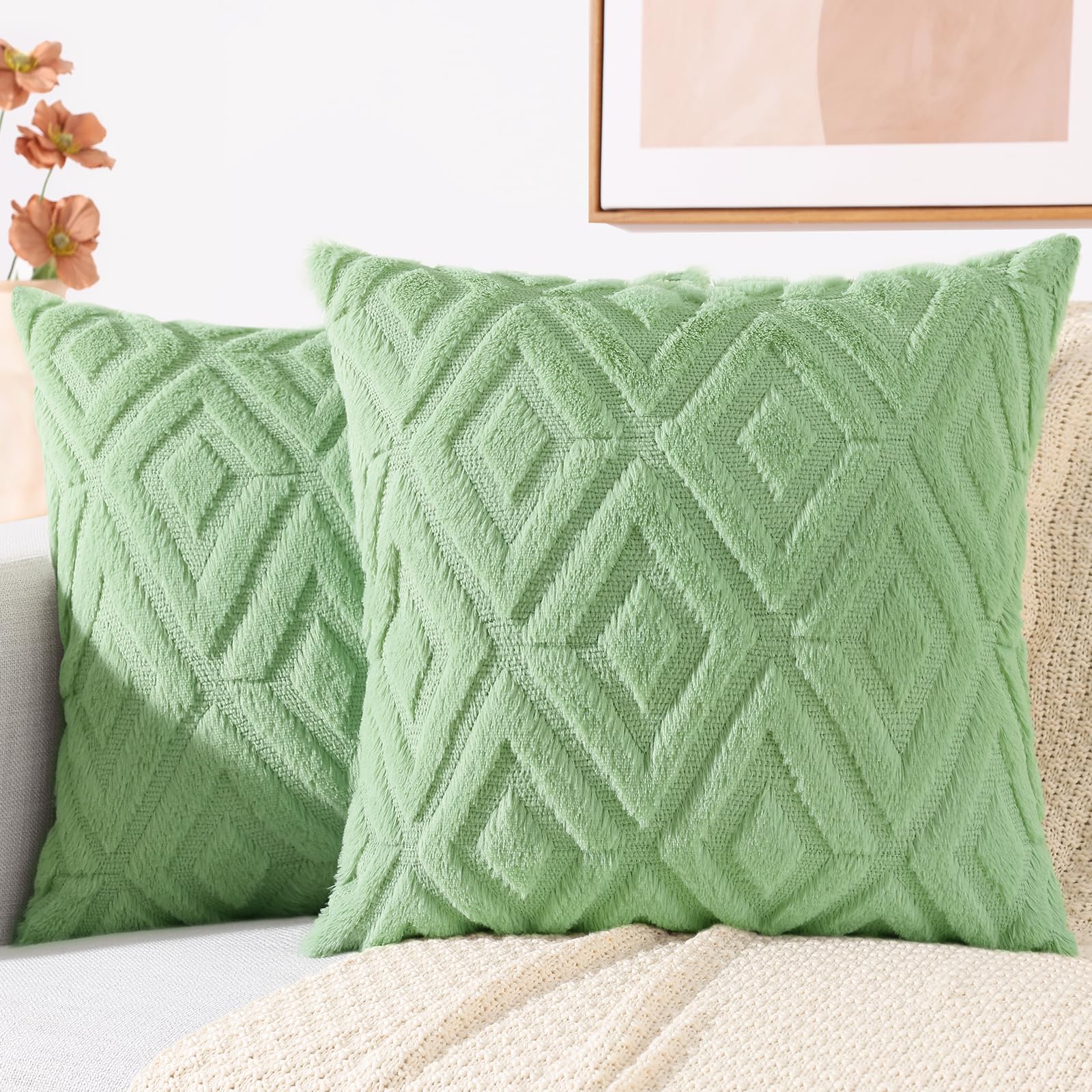 Fundas De Almohada Decoruhome Spring De Lana Sintética De 60 X 60 Cm, Juego De 2 Unidades, Color Salvia - Venta I