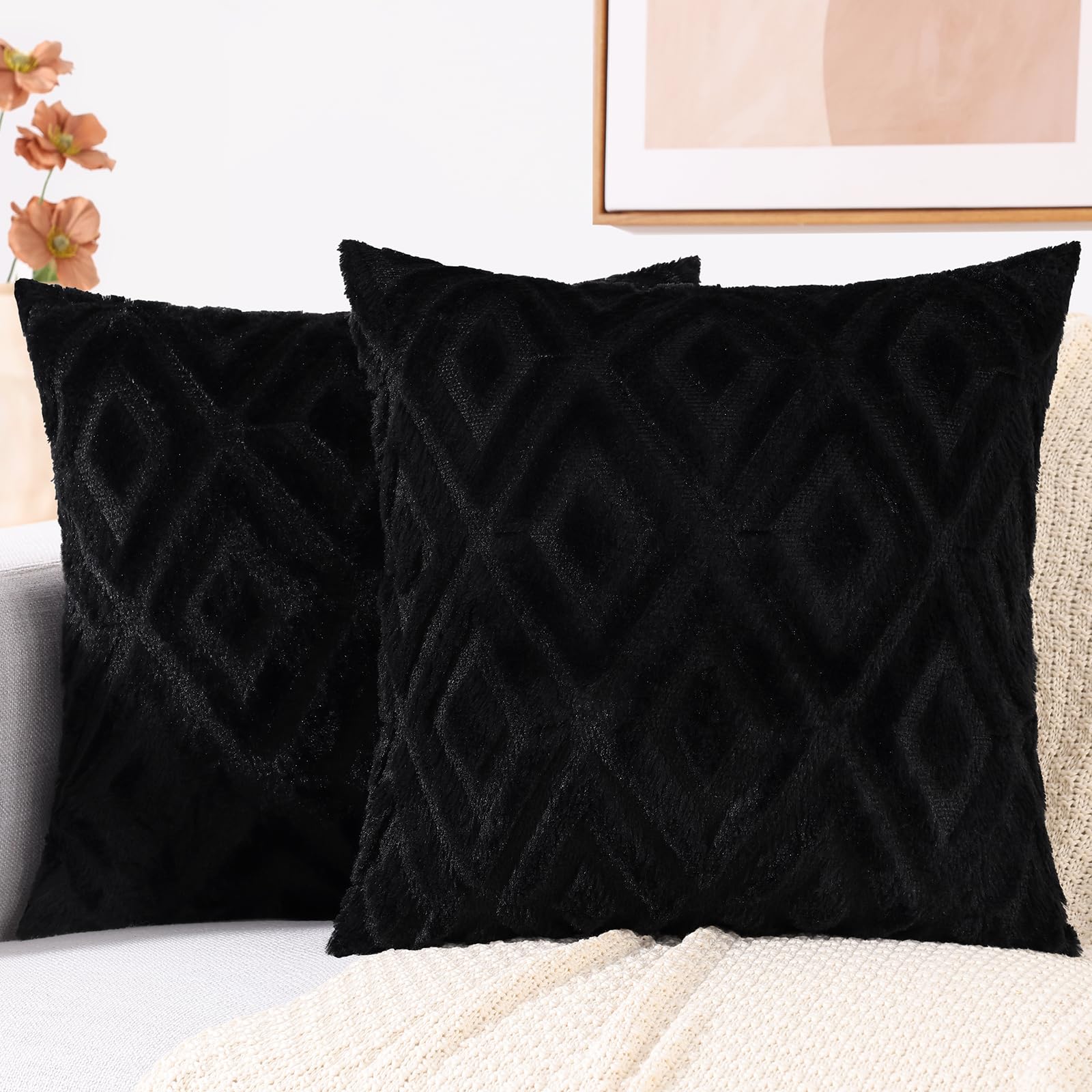 Fundas De Almohada Decoruhome, Suave Felpa, Lana Sintética, 26 X 26 Cm, Color Negro, Juego De 2 - Venta Internacional.
