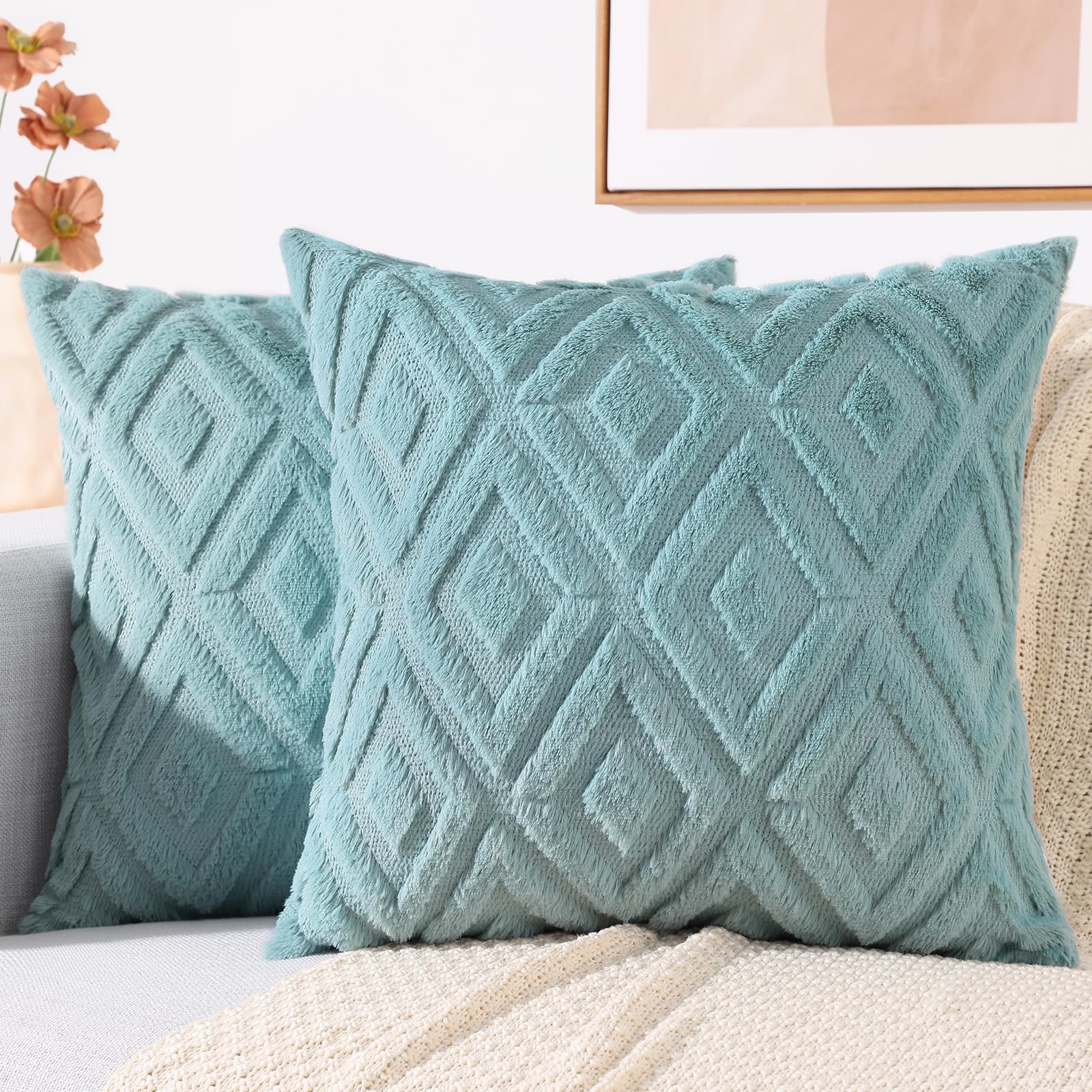 Fundas De Almohada Decoruhome Spring De Lana Sintética De 66 X 66 Cm, Color Verde Menta - Venta Internacional.