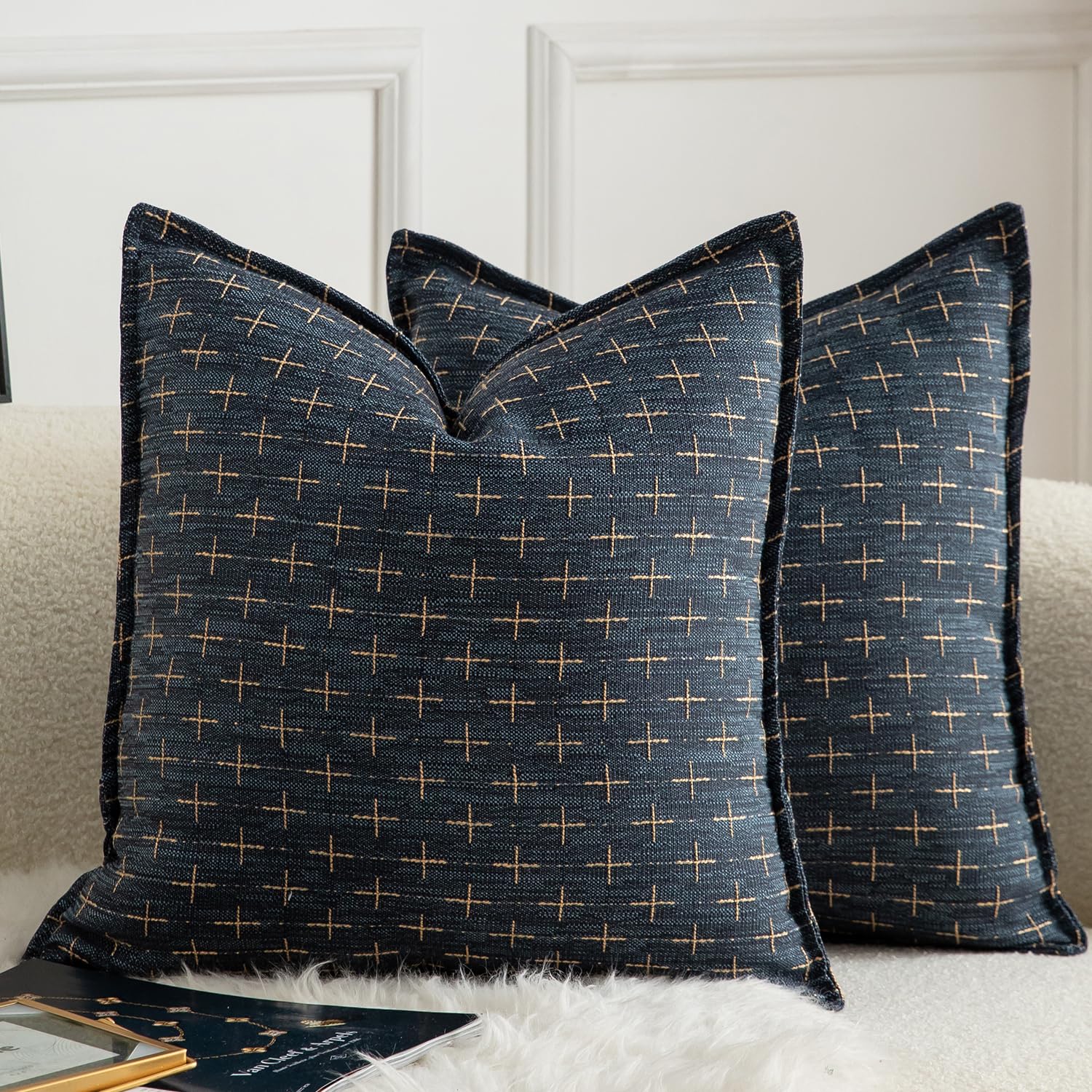 Fundas De Almohada Mandioo De Lino De Arpillera, 45 X 45 Cm, Paquete De 2 Unidades, Color Azul Oscuro - Venta Intern