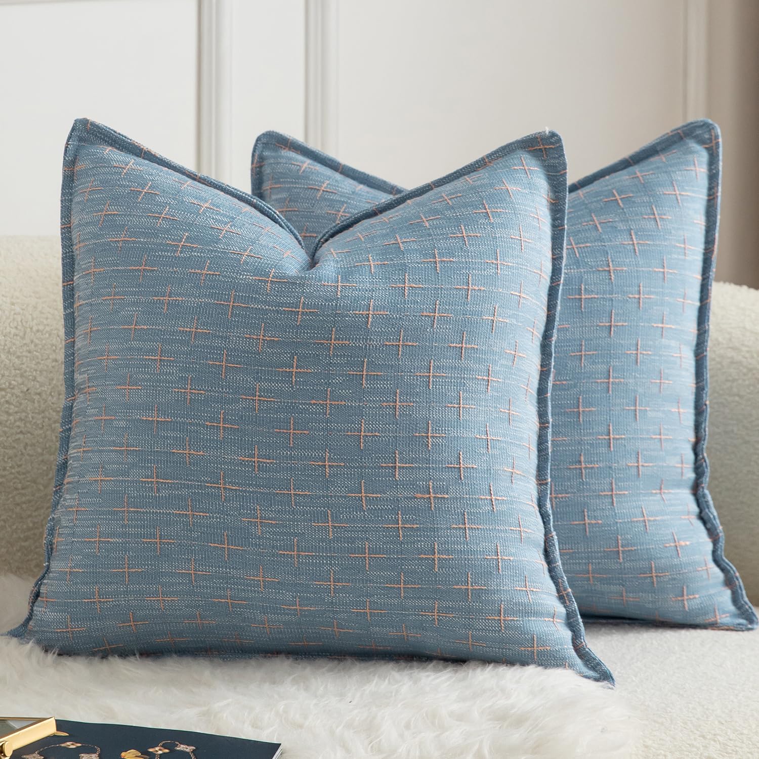 Fundas De Almohada Mandioo De Lino De Arpillera, 40 X 40 Cm, Paquete De 2 Unidades, Color Azul - Venta Internacional.