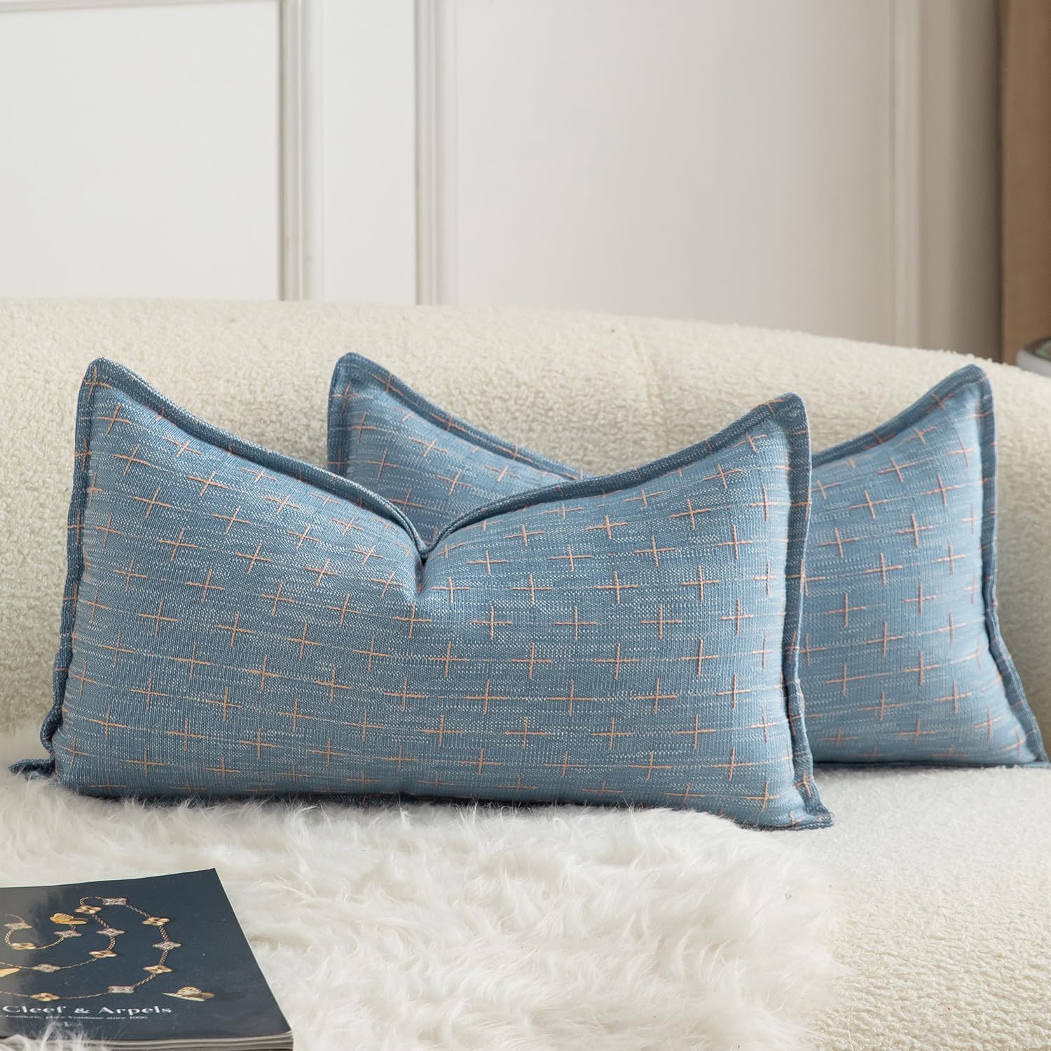 Fundas De Almohada Mandioo De Lino De Arpillera, 30 X 50 Cm, Paquete De 2, Color Azul - Venta Internacional.