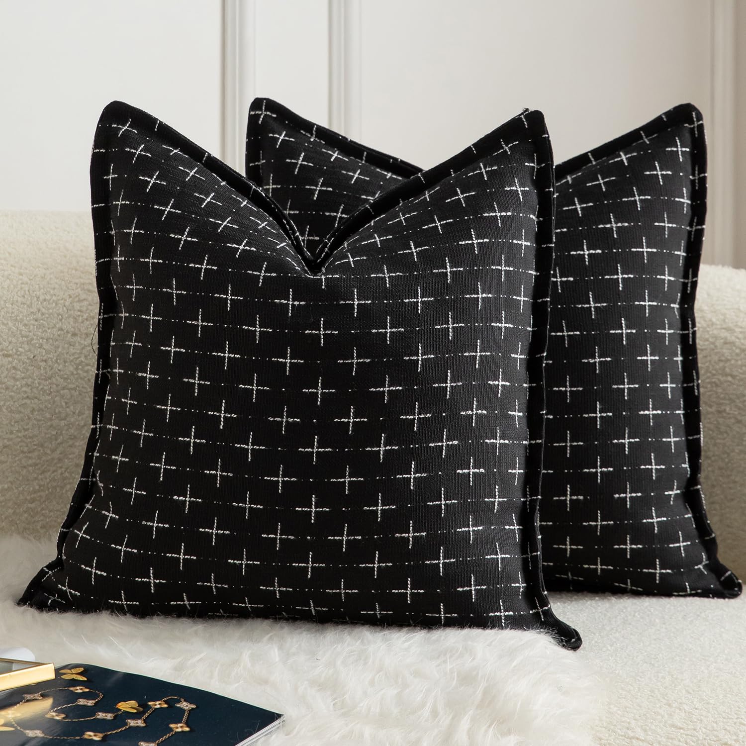 Fundas De Almohada Mandioo De Lino De Arpillera, 45 X 45 Cm, 2 Unidades, Color Negro - Venta Internacional.