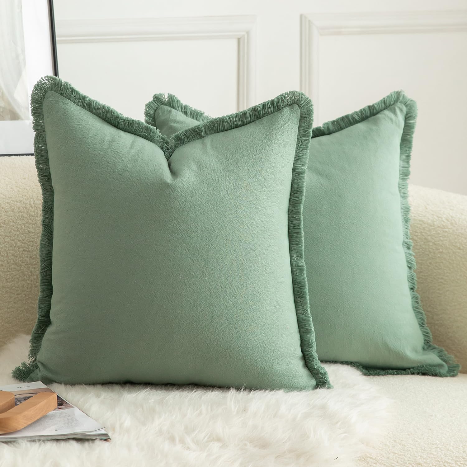 Fundas De Almohada Mandioo De Algodón Neutro Con Flecos De 45 X 45 Cm, Color Verde Salvia - Venta Internacional.