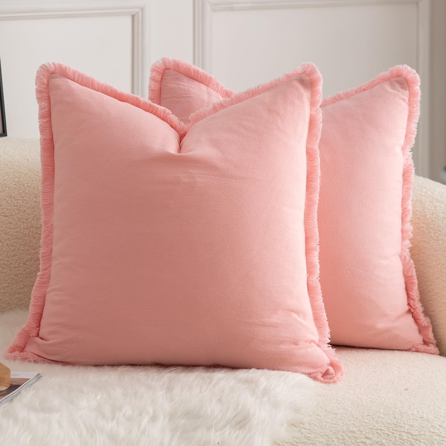 Fundas De Almohada Mandioo De Algodón Neutro Con Flecos De 45 X 45 Cm, Color Rosa (2) - Venta Internacional.