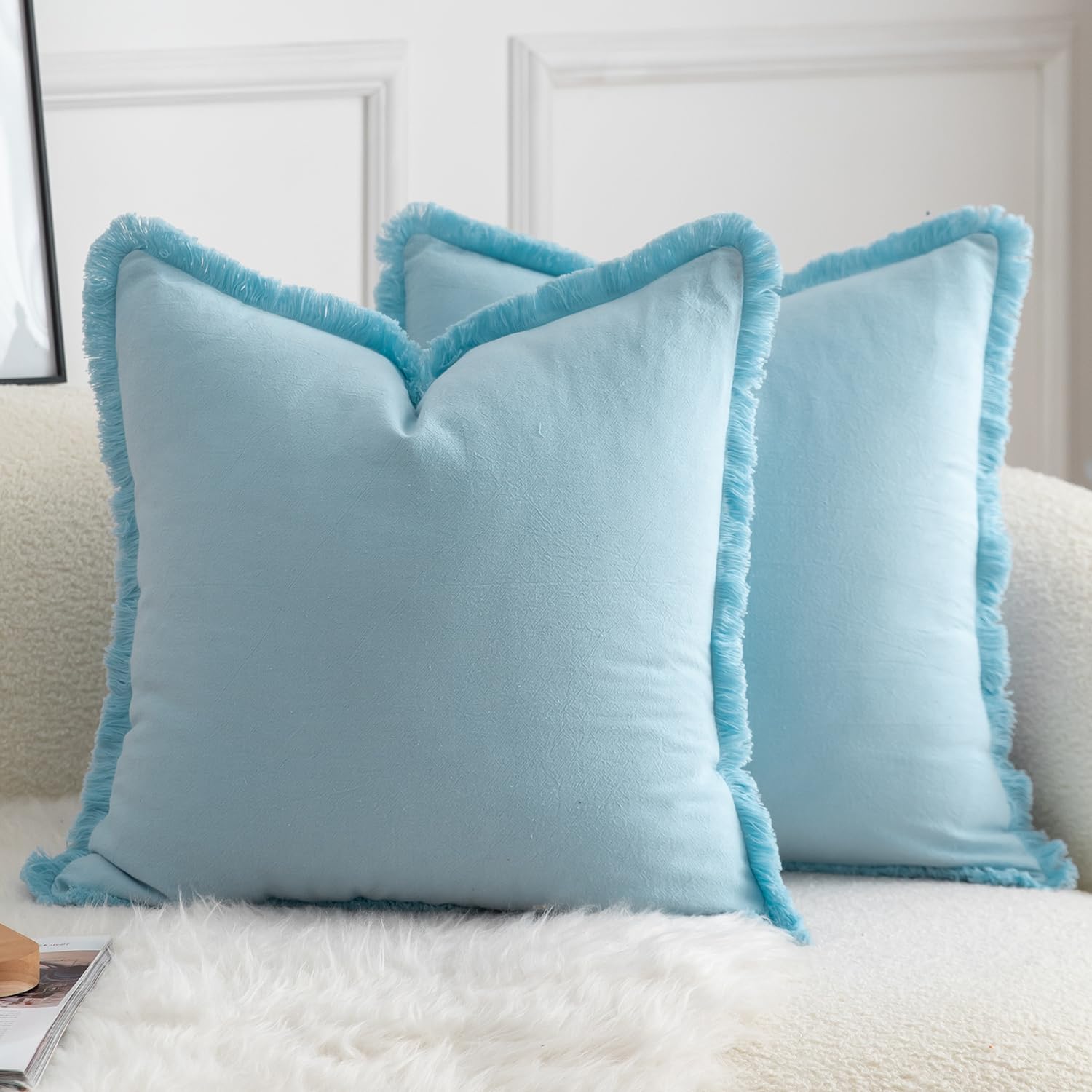 Foto 2 pulgar | Fundas De Almohada Mandioo De Algodón Neutro Con Flecos De 45 X 45 Cm, Color Azul Claro - Venta Internacional.