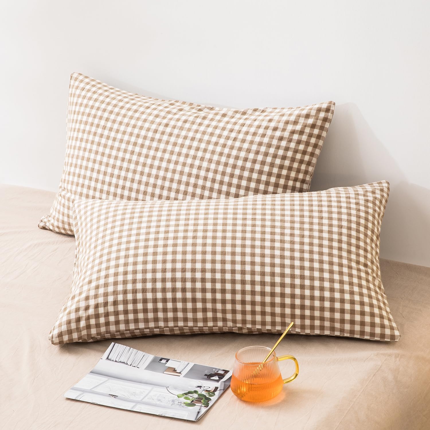 Foto 2 pulgar | Fundas De Almohada Mixinni De Algodón Lavado A Cuadros  Color Beige  Tamaño King - Venta Internacional.