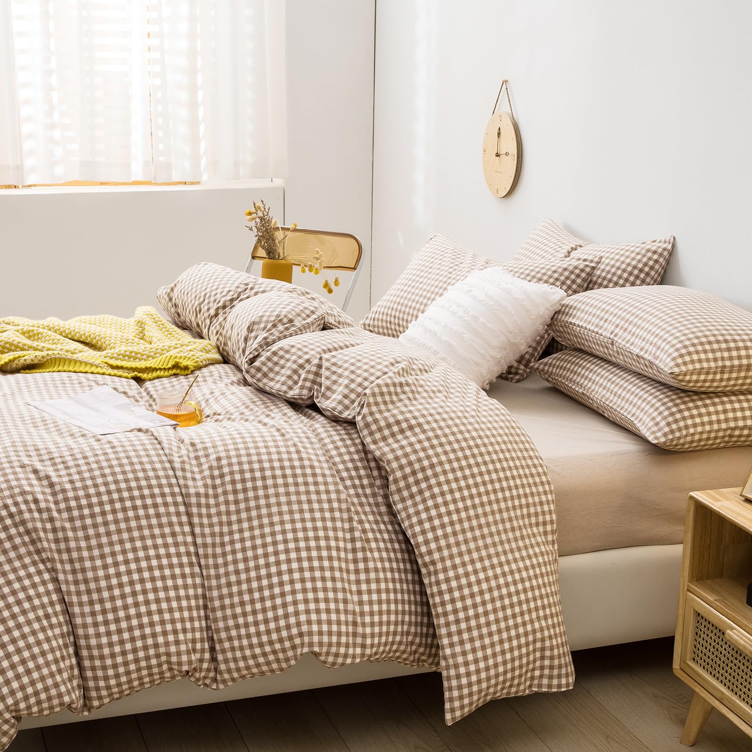 Foto 4 pulgar | Fundas De Almohada Mixinni De Algodón Lavado A Cuadros  Color Beige  Tamaño King - Venta Internacional.