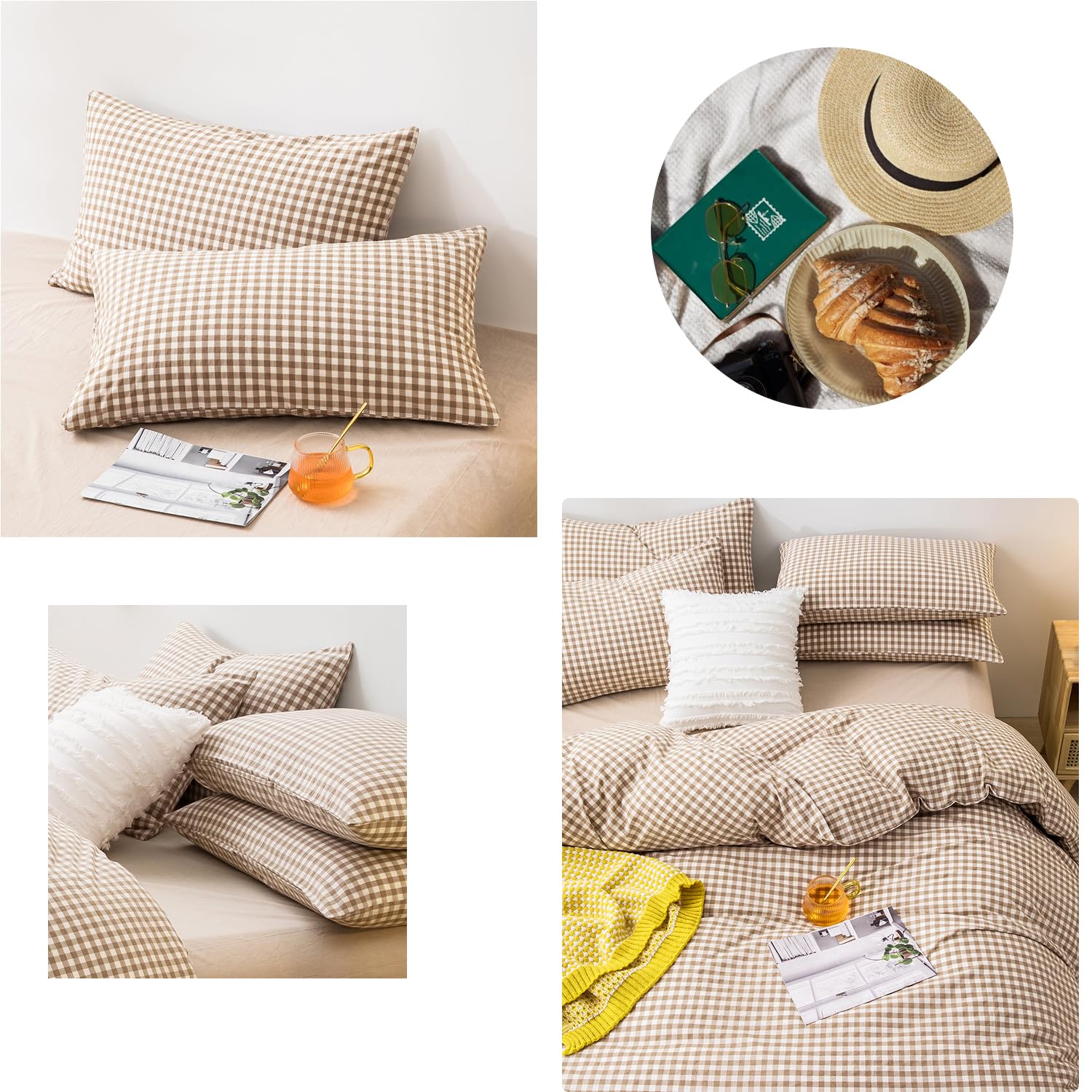 Foto 5 pulgar | Fundas De Almohada Mixinni De Algodón Lavado A Cuadros  Color Beige  Tamaño King - Venta Internacional.