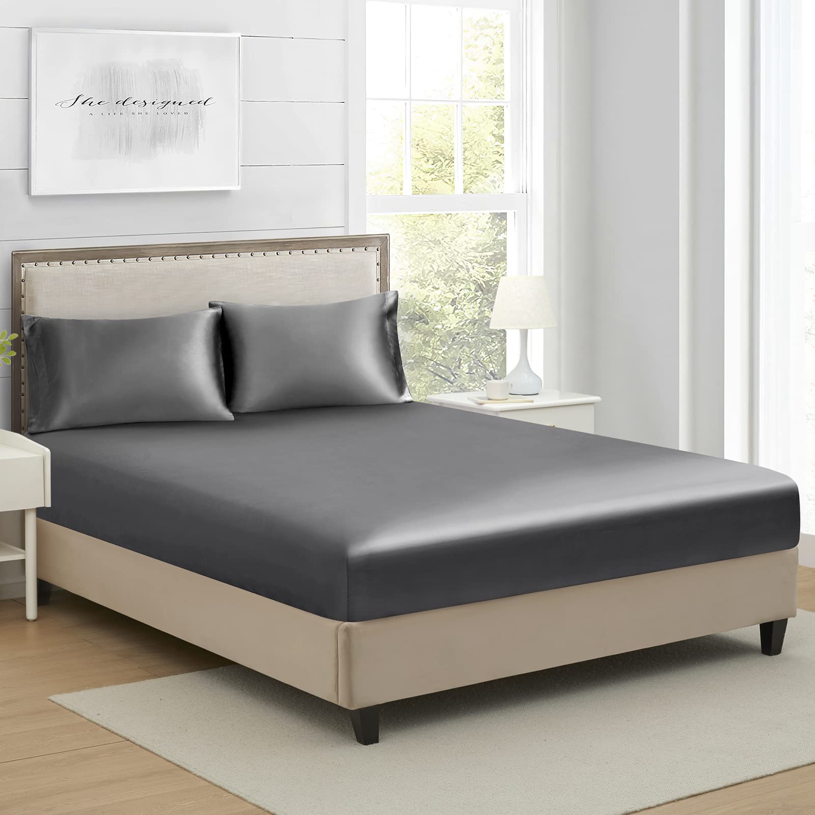 Sábana Bajera Ajustable Lanest Housing Queen Silk Satin Gris Oscuro - Venta Internacional.