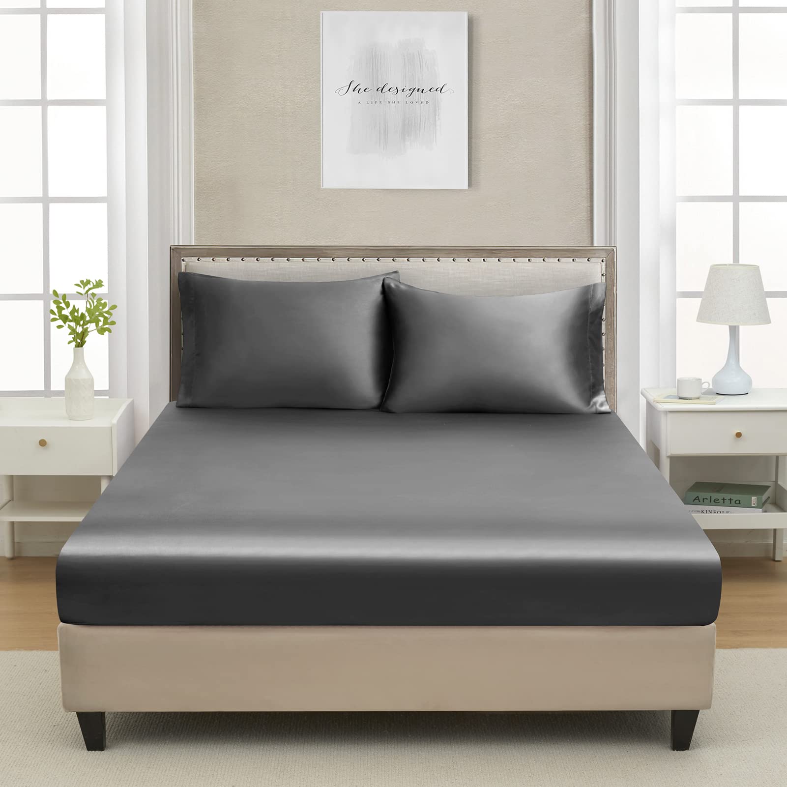 Foto 3 pulgar | Sábana Bajera Ajustable Lanest Housing Queen Silk Satin Gris Oscuro - Venta Internacional.