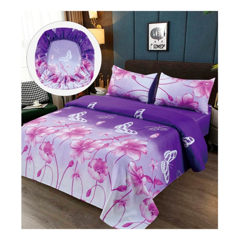 Juego De Sábanas 100% Algodón De 2 Plazas (tamaño Queen) Con Flores Lilas - Venta Internacional.