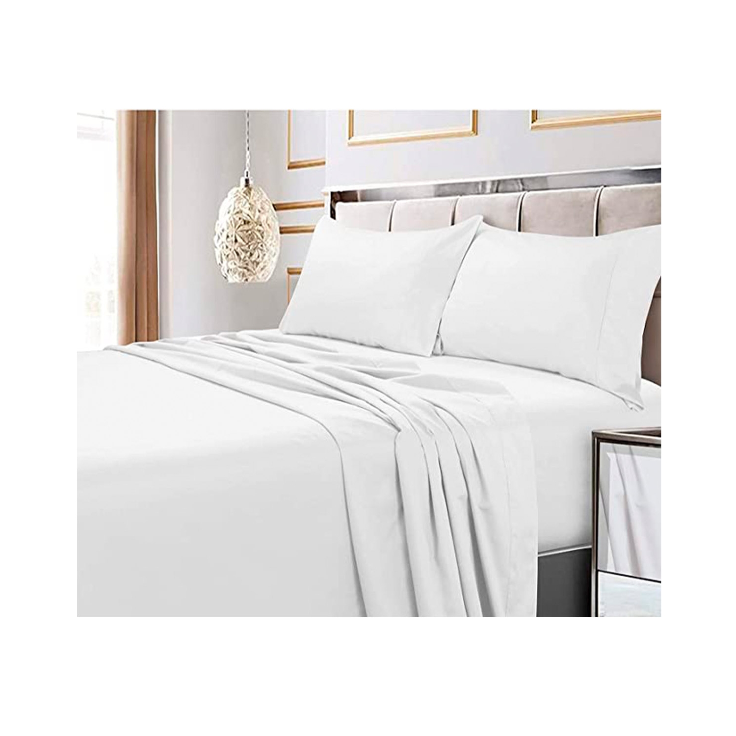 Juego de sábanas blancas Queen con 144 hilos y fundas de almohada - Venta Internacional