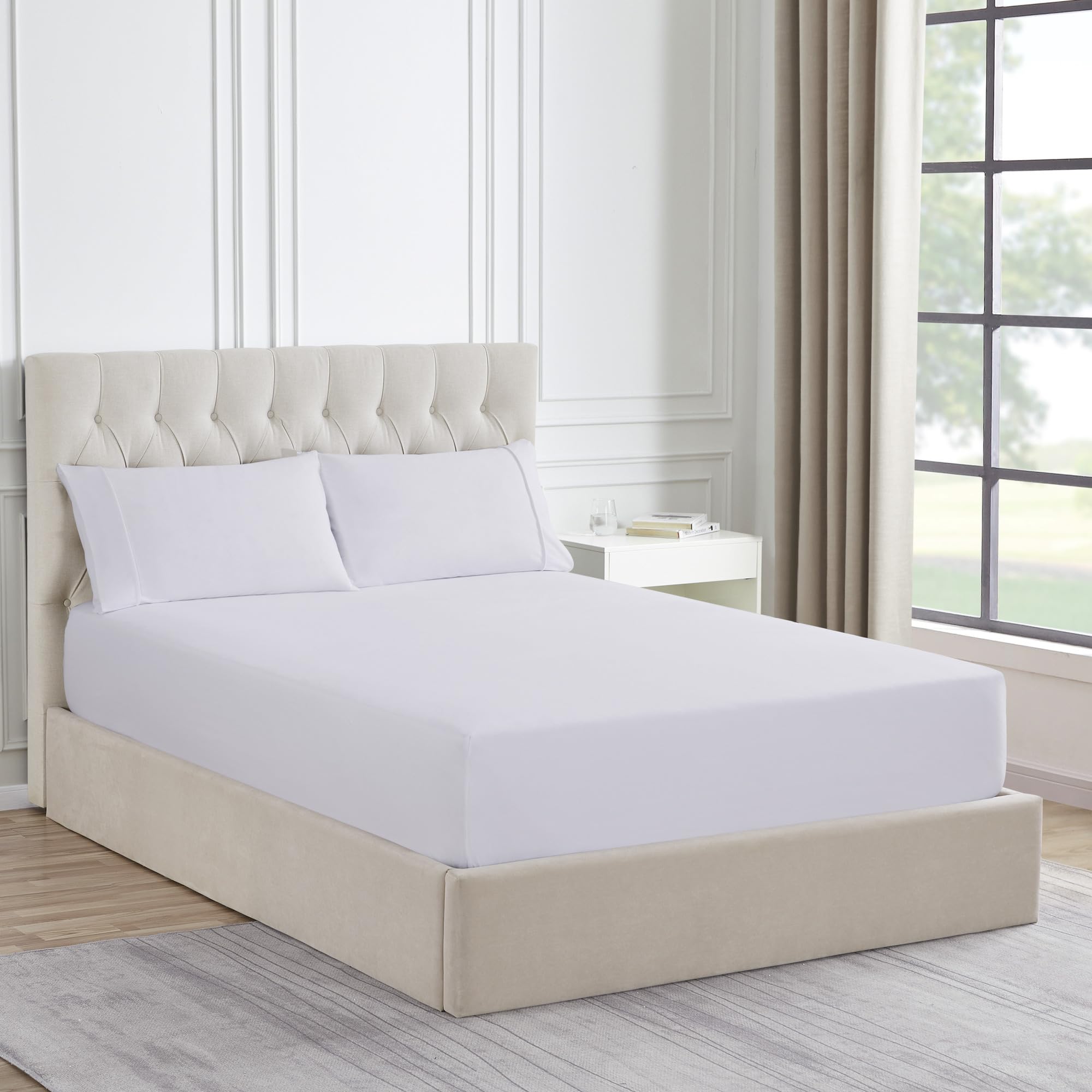 Sábana Bajera Ajustable De Franela, Tamaño King, Colección Sweet Home, Blanca - Venta Internacional.