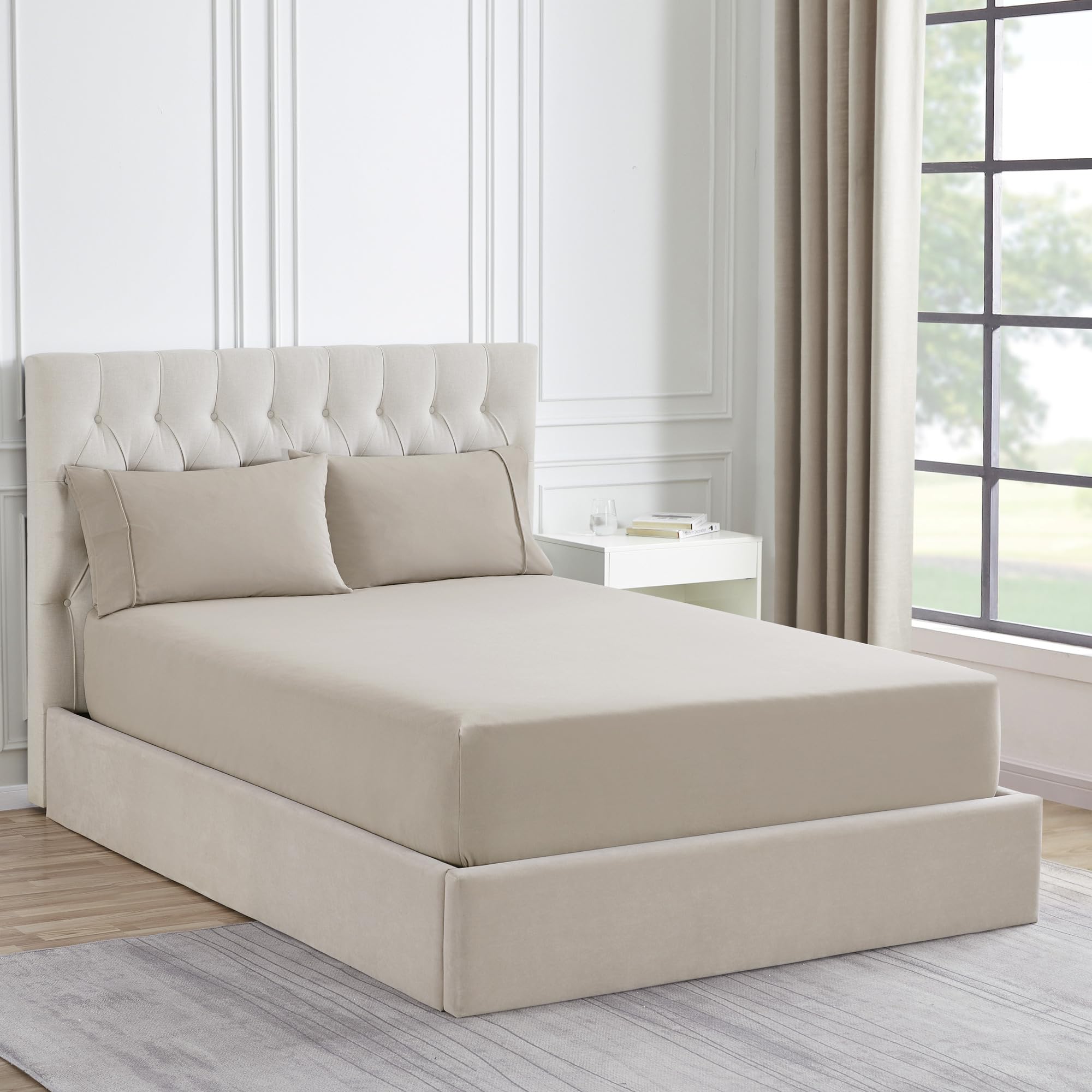 Sábana Bajera Ajustable De Franela Sweet Home Collection Queen Beige - Venta Internacional.