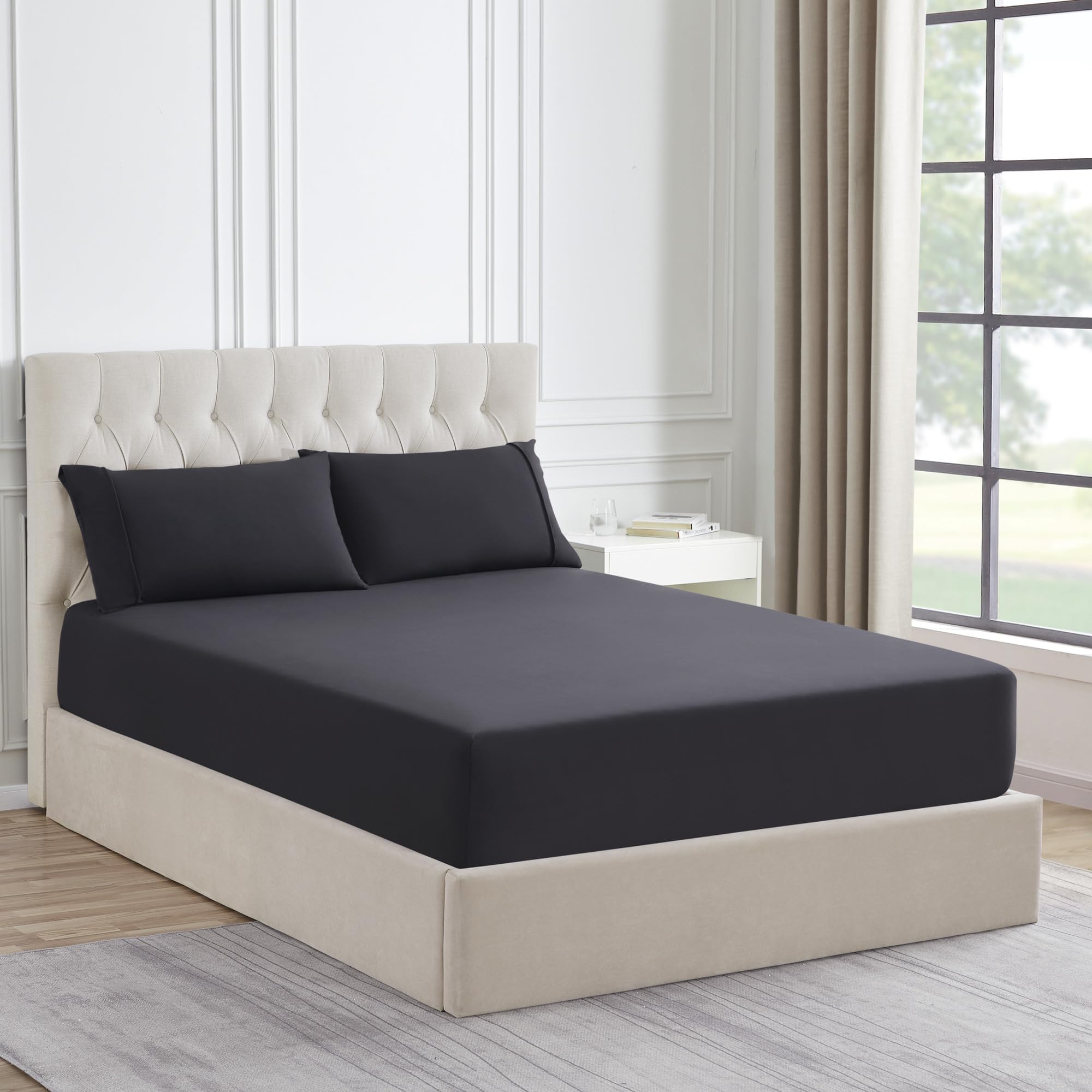 Sábana Bajera Ajustable De Franela, Colección Sweet Home, Tamaño King, Color Negro - Venta Internacional.