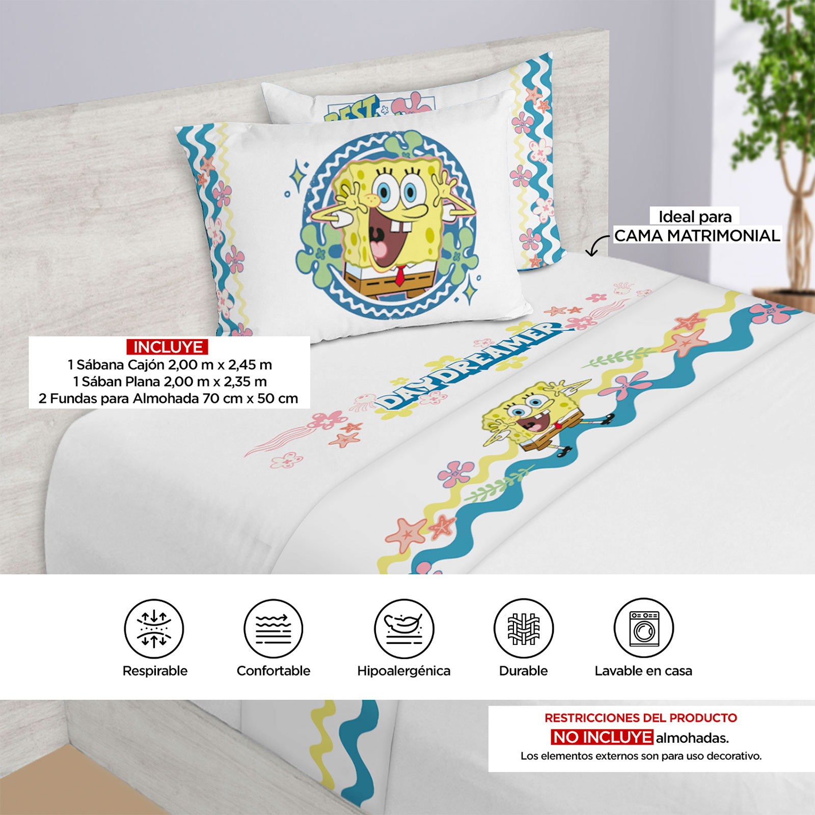 Foto 4 | Juego de Sábanas Providencia Matrimoniales Bob Esponja con Estampado