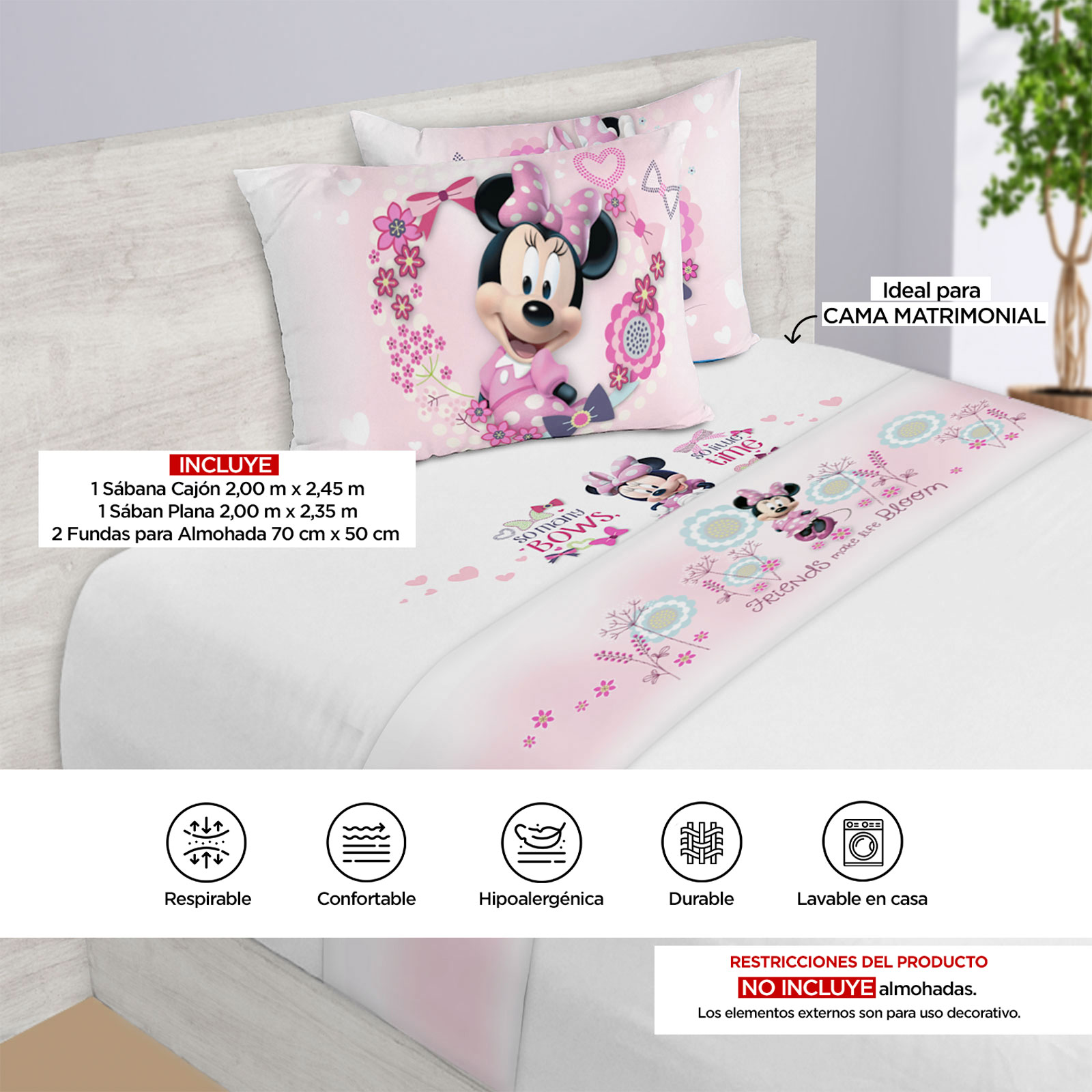 Foto 4 | Juego de Sábanas Proviedencia Matrimonial Minnie Estampado de Flores