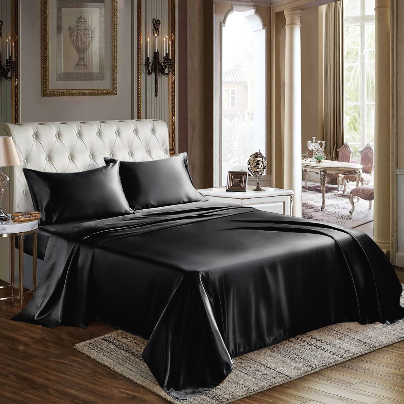 Juego De Sábanas Cozylux, Satinadas, Tamaño Queen, Color Negro, 4 Piezas - Venta Internacional.