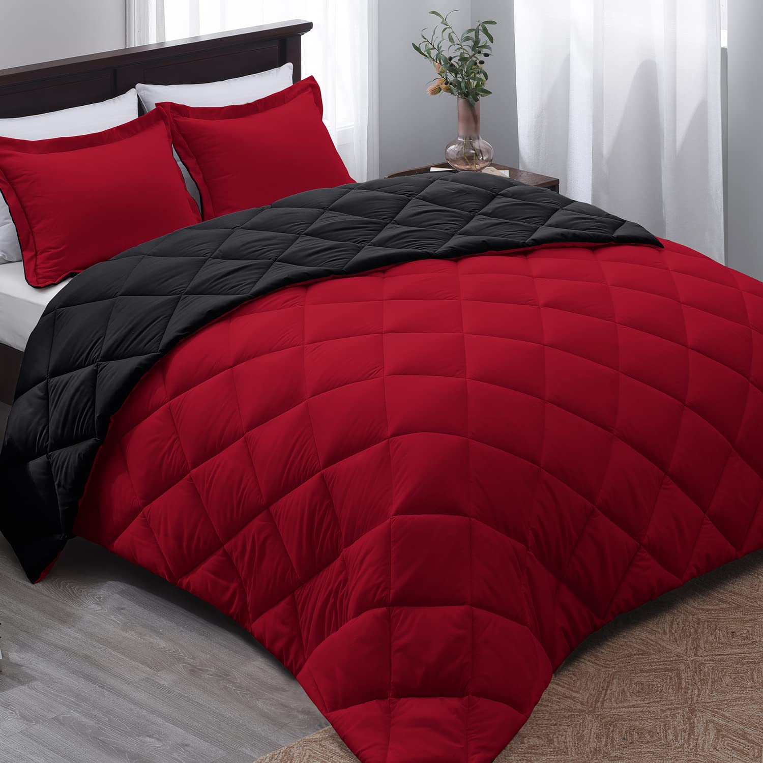 Set De Edredón Basic Beyond Queen, Reversible, Rojo Y Negro - Venta Internacional.