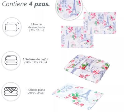 Foto 4 pulgar | Juego De Sabanas Matrimonial Diseño París
