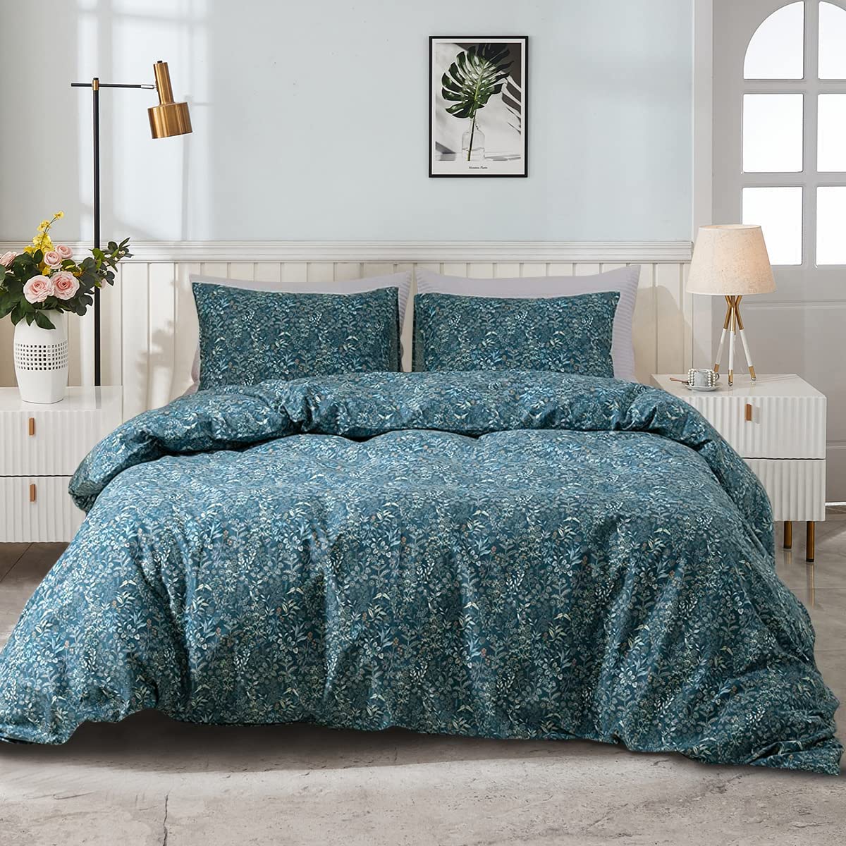 Juego de Funda Nórdica Vintage con Estampado Floral Rosa y Gris para Cama Queen - Venta Internacional